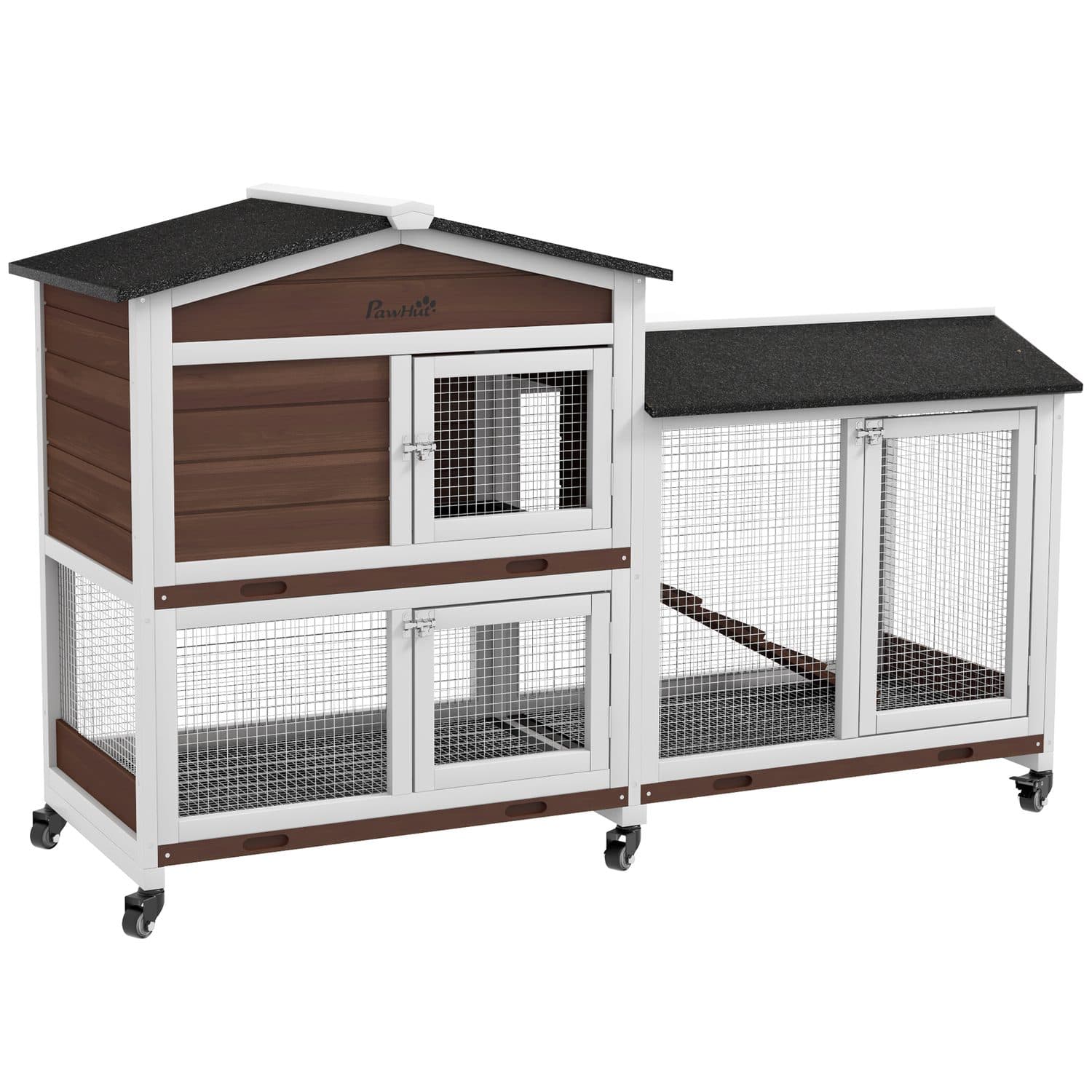 Spacious Two-Tier Pet Hutch With Attached Run and Castors - Brown