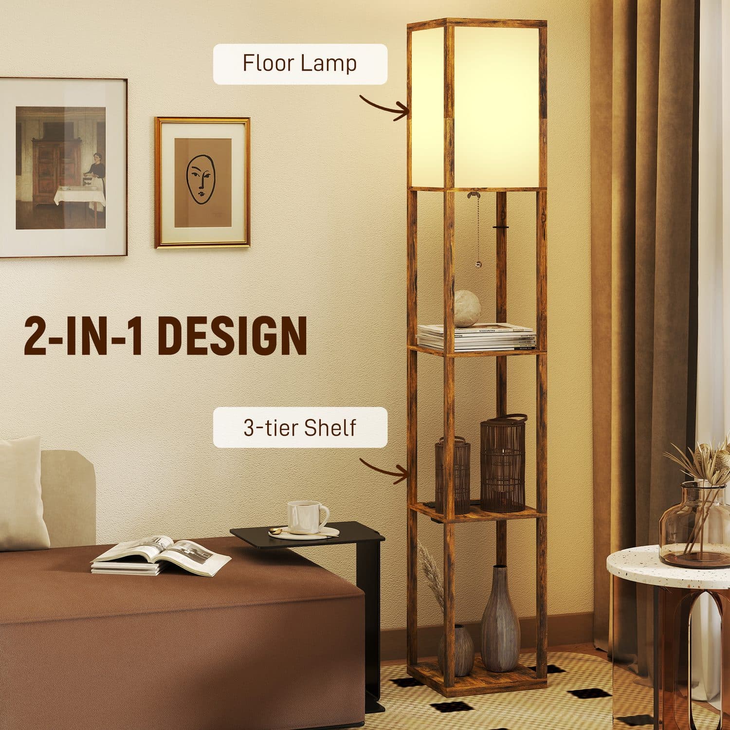 Floor Lamp with Storage Shelves — Warm Rustic Brown - image 5