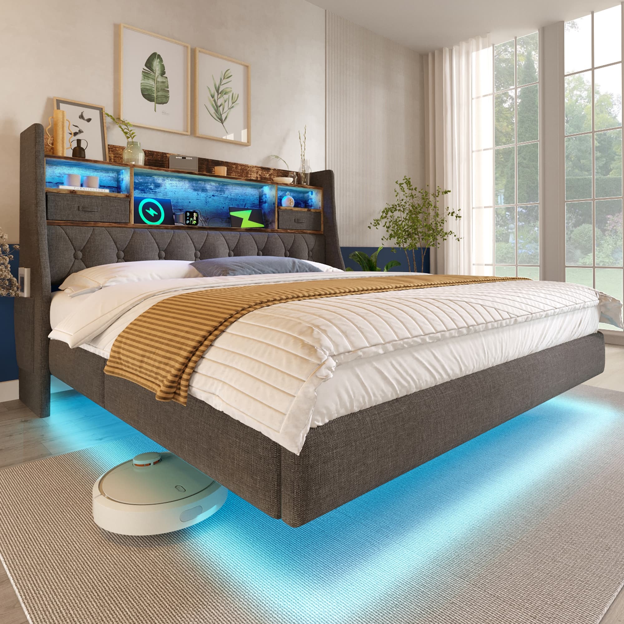 Super King Grey Linen Floating Bed with Smart LED Lighting