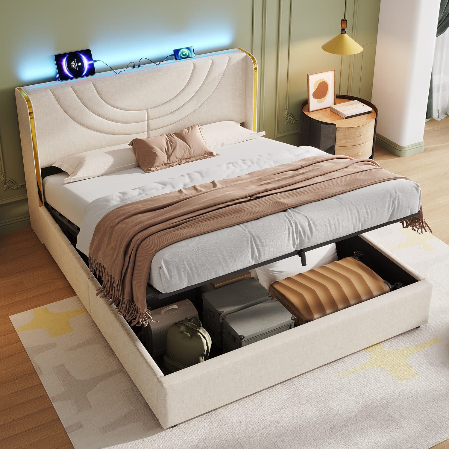 Beige Linen LED Ottoman Bed - image 3