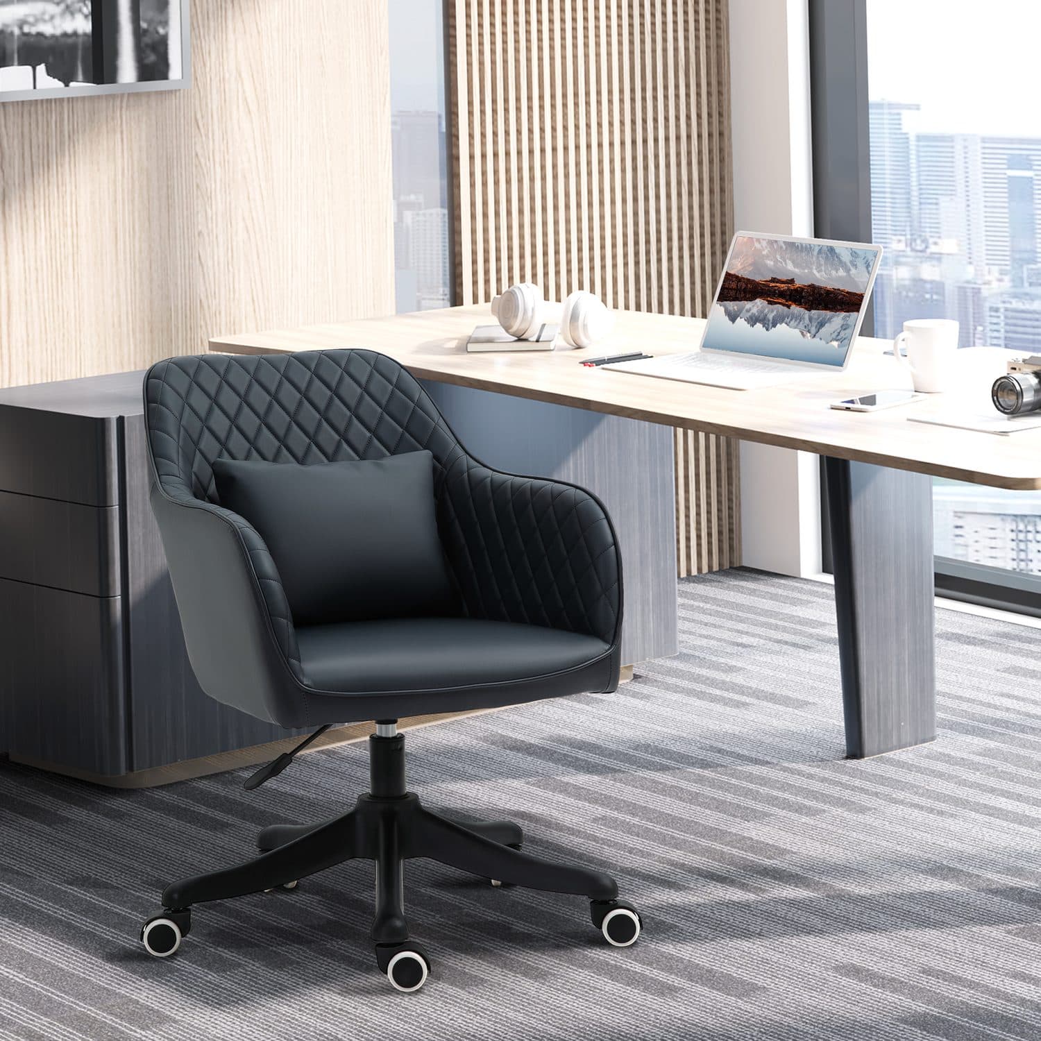 Deep Blue PU Leather Office Chair with USB Massage Pillow - image 4