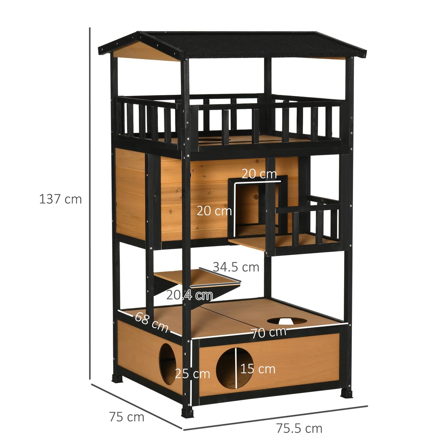 PawHut 3-Tier Wooden Outdoor Cat House with Terrace and Jump Step - image 3