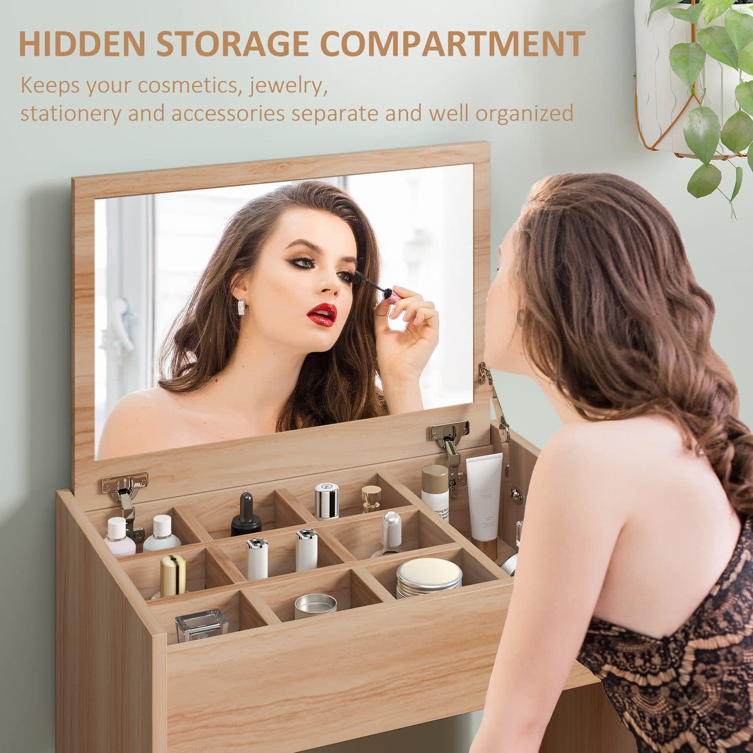 Space-Saving Wood Dressing Table Set with Flip-Up Mirror - image 3