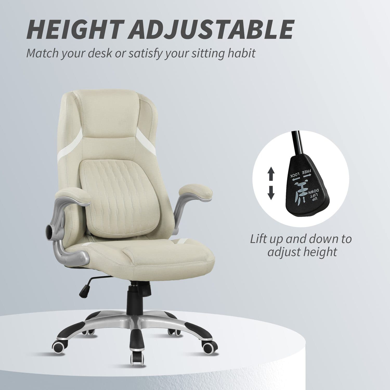 High-Back Linen Office Chair with Lumbar Cushion and Flip-Up Arms - image 2