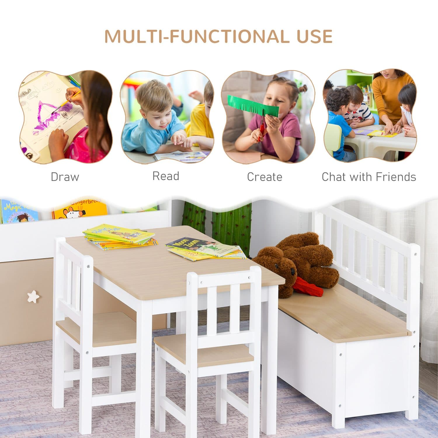 Kids 4-Piece Wooden Table Set with Clever Bench Storage - image 1