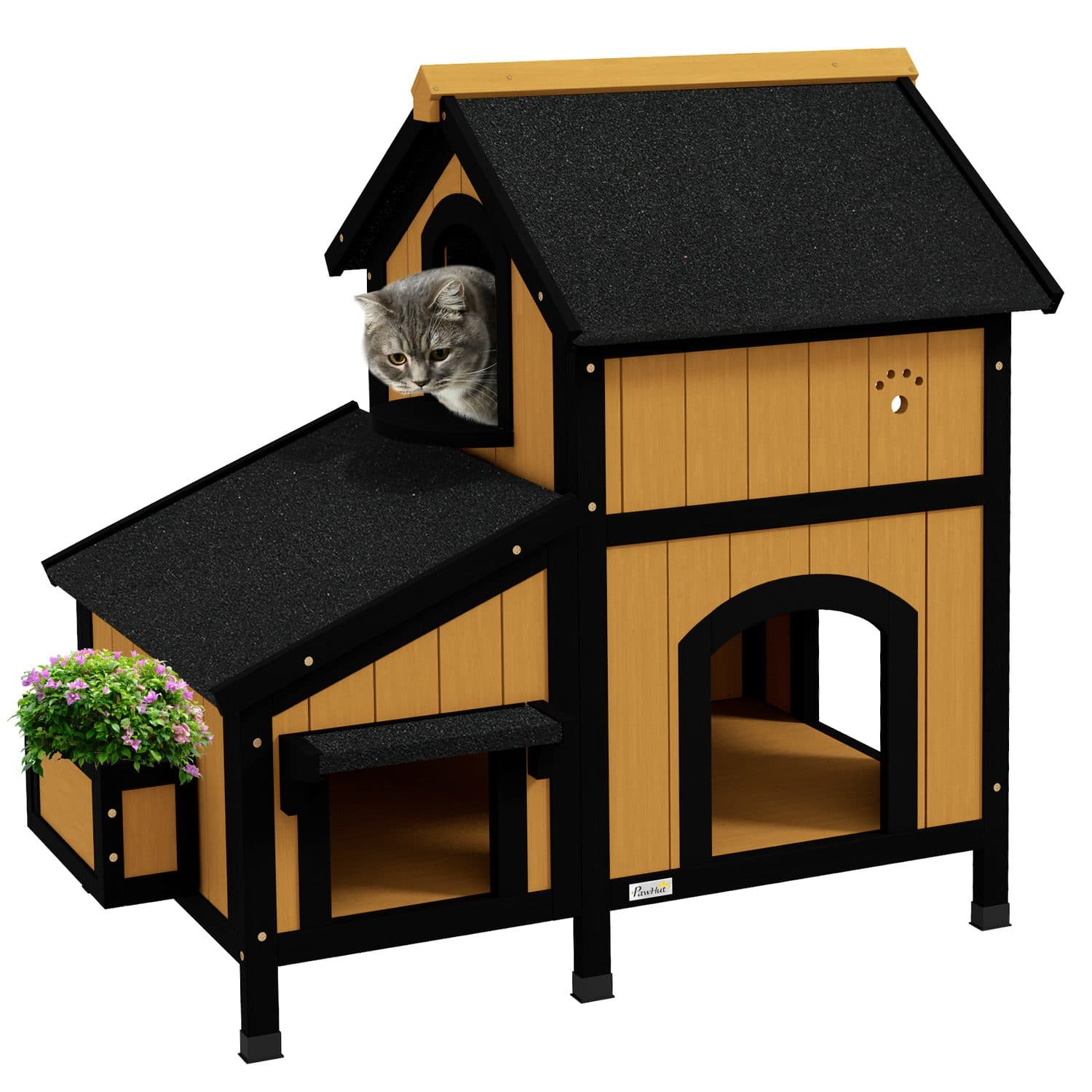 PawHut Wooden Outdoor Cat House With Multiple Entrances