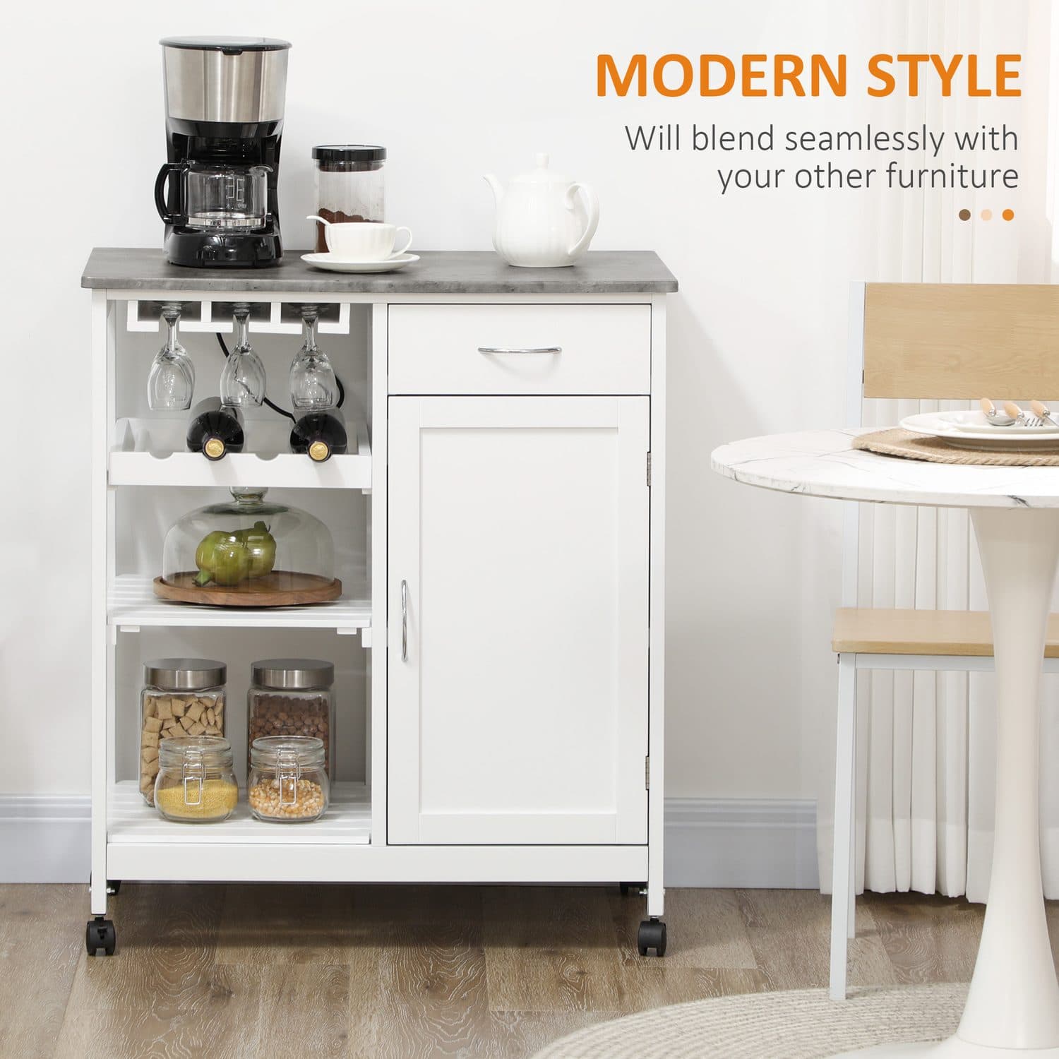 White Kitchen Trolley on Wheels with Wine Rack, Drawer and Cabinet - image 5