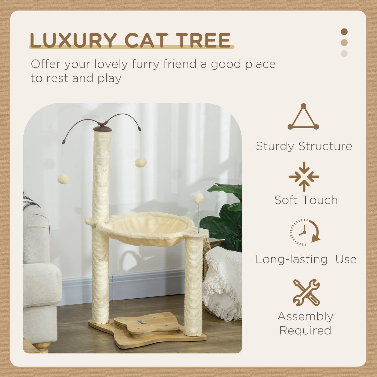 Beige Cat Tree with Cosy Hammock and Play Balls - image 1