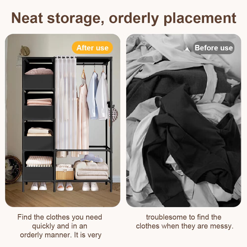 Freestanding Metal Wardrobe with Fabric Shelves and Curtain Rail - image 4
