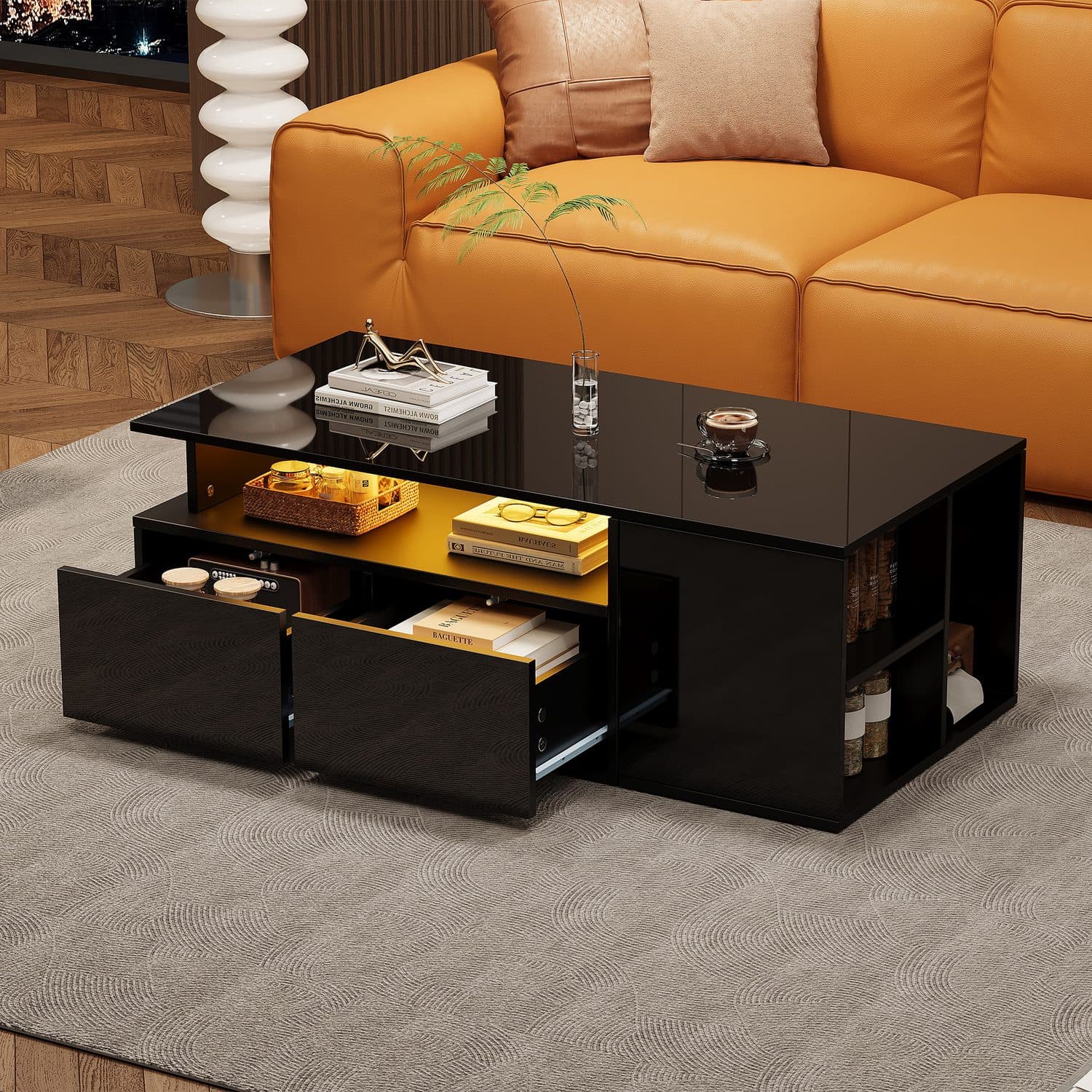 A glossy black coffee table with LED-lit storage - Black
