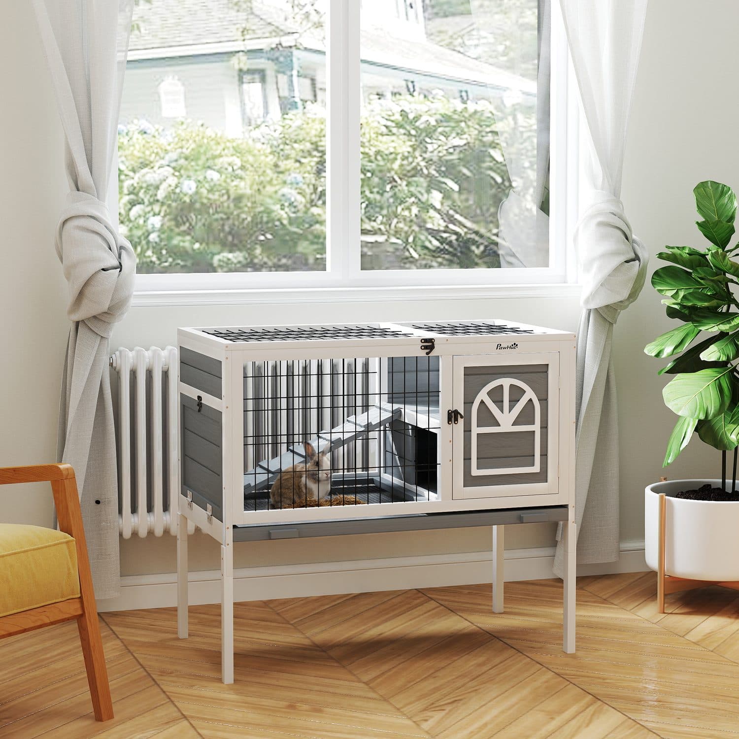 PawHut Wooden Rabbit Hutch with Run and Openable Roof - image 5