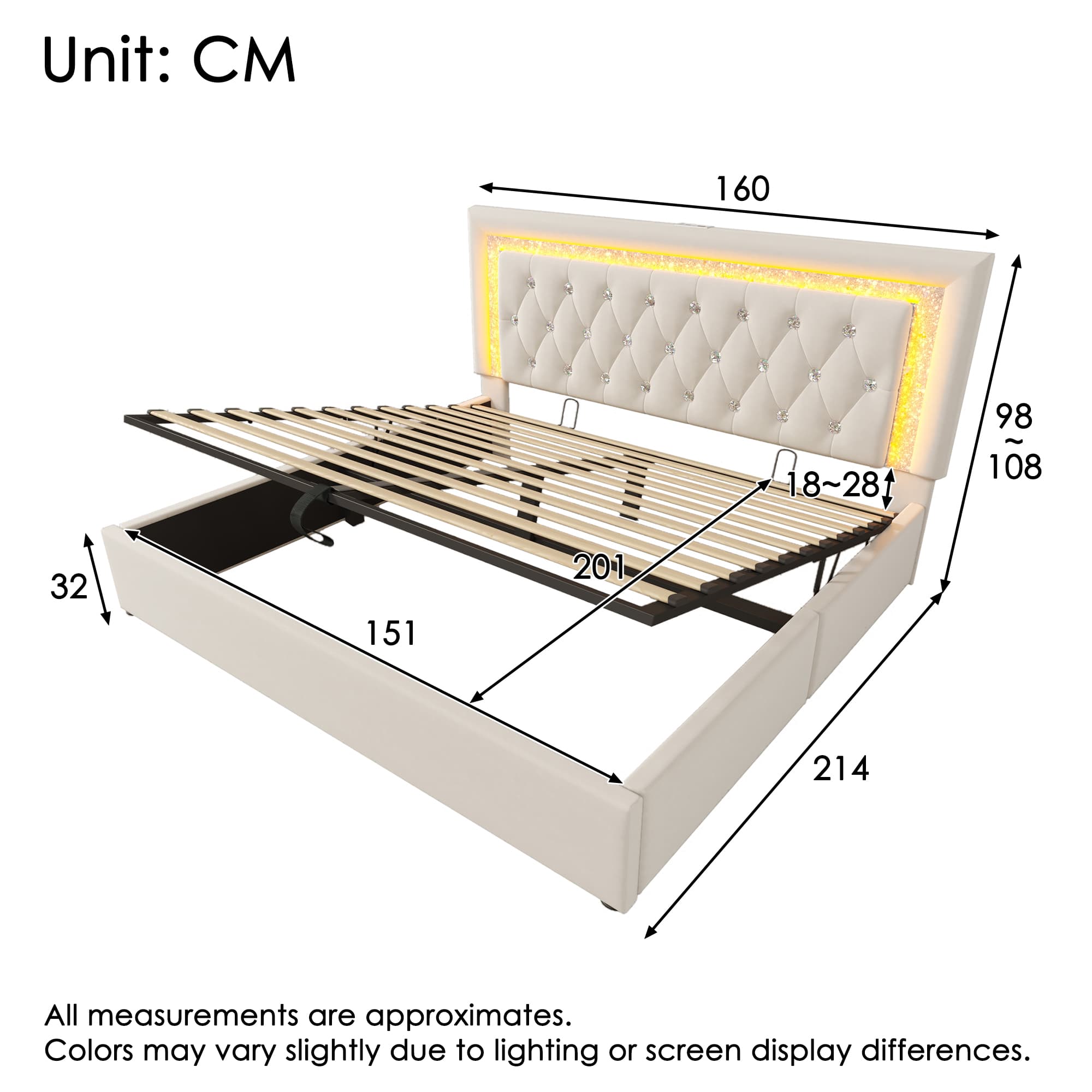 King Size (150x200cm) Velvet Ottoman Bed with Storage, LED Lights and USB-C Ports - image 1