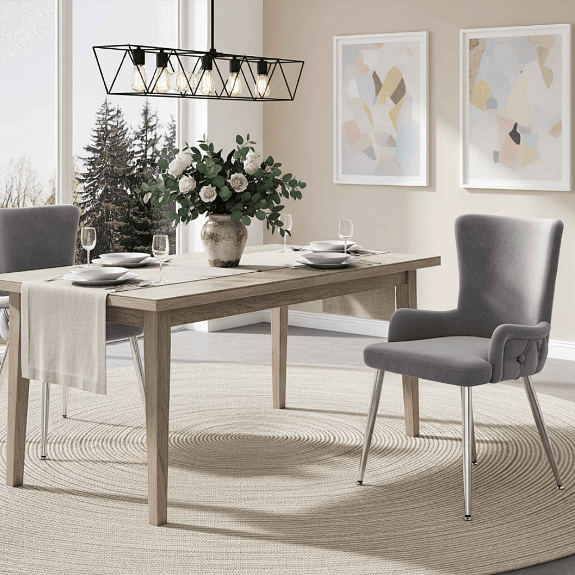 Set of 2 Grey Velvet Dining Chairs with Silver Coloured Metal Legs