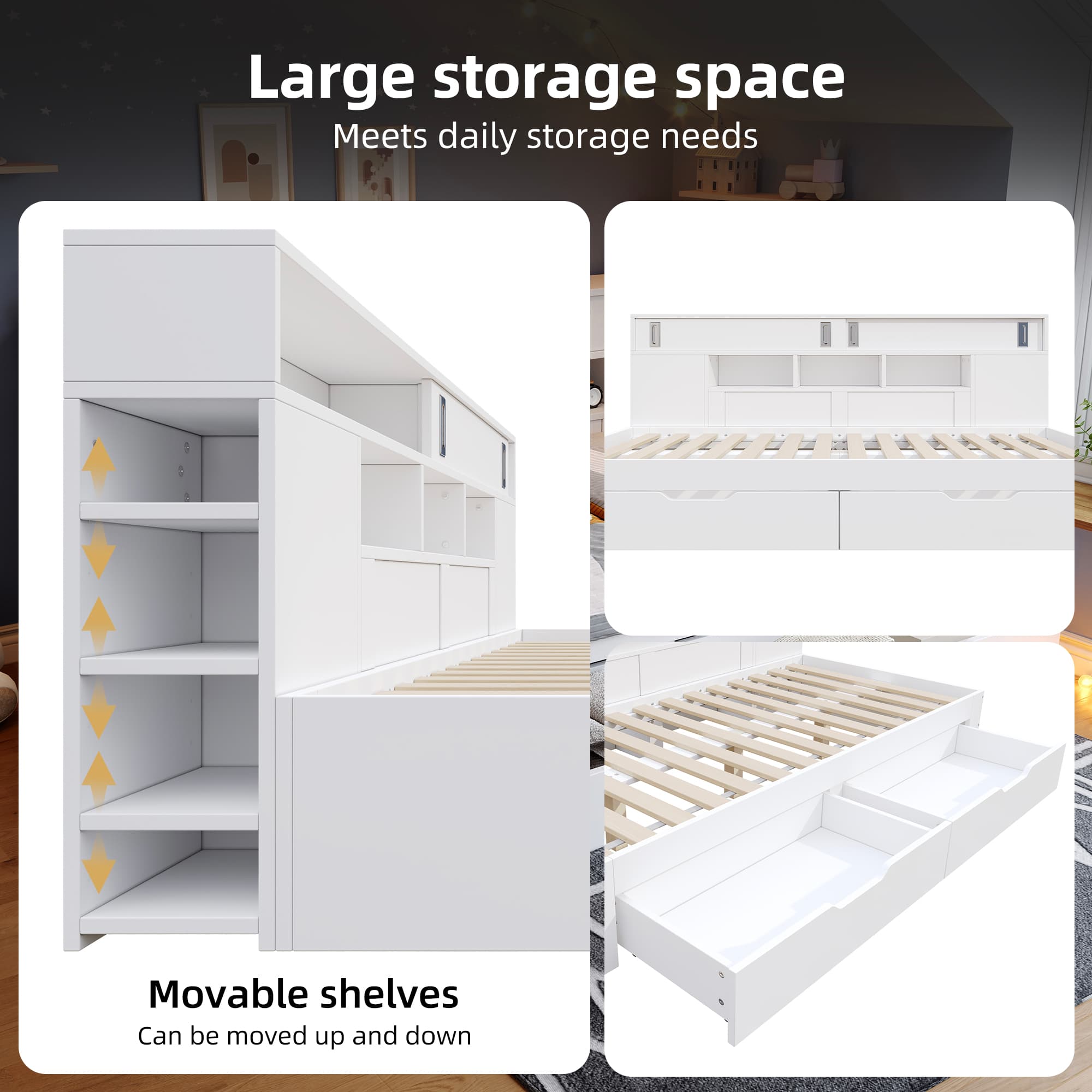 Single Day Bed with Storage, Drawers and Shelves - 90x190cm White - image 1