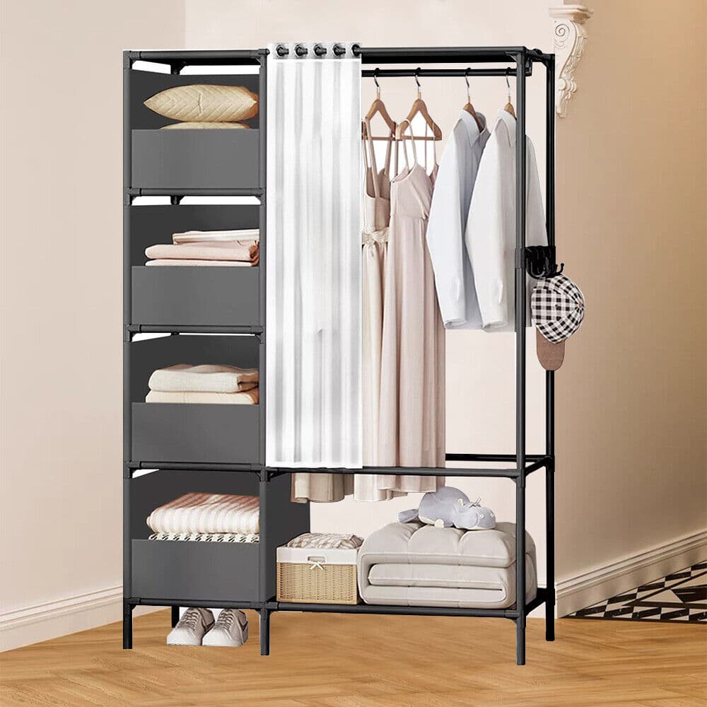 Freestanding Metal Wardrobe with Fabric Shelves and Curtain Rail
