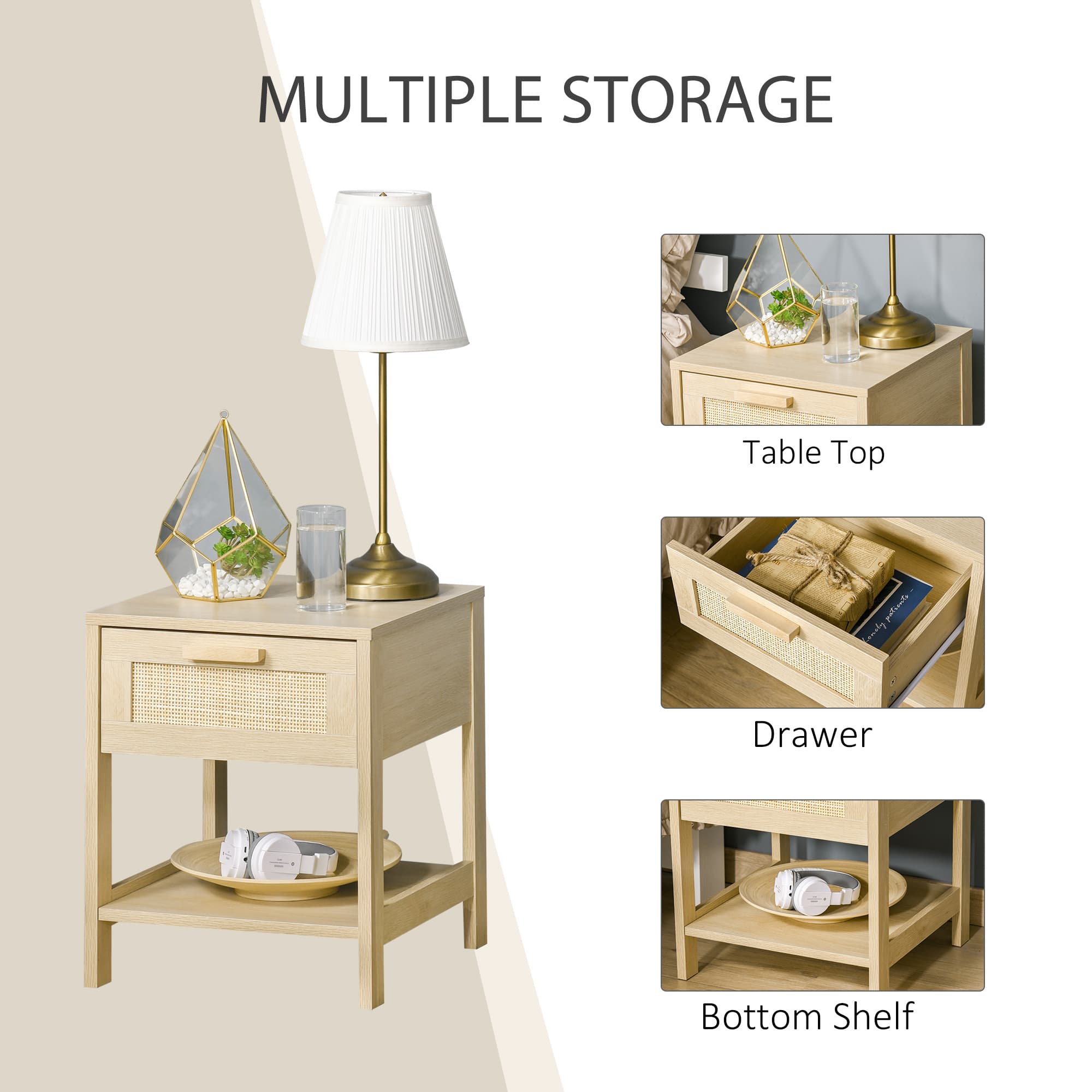 A natural rattan bedside table with drawer and storage shelf - image 2