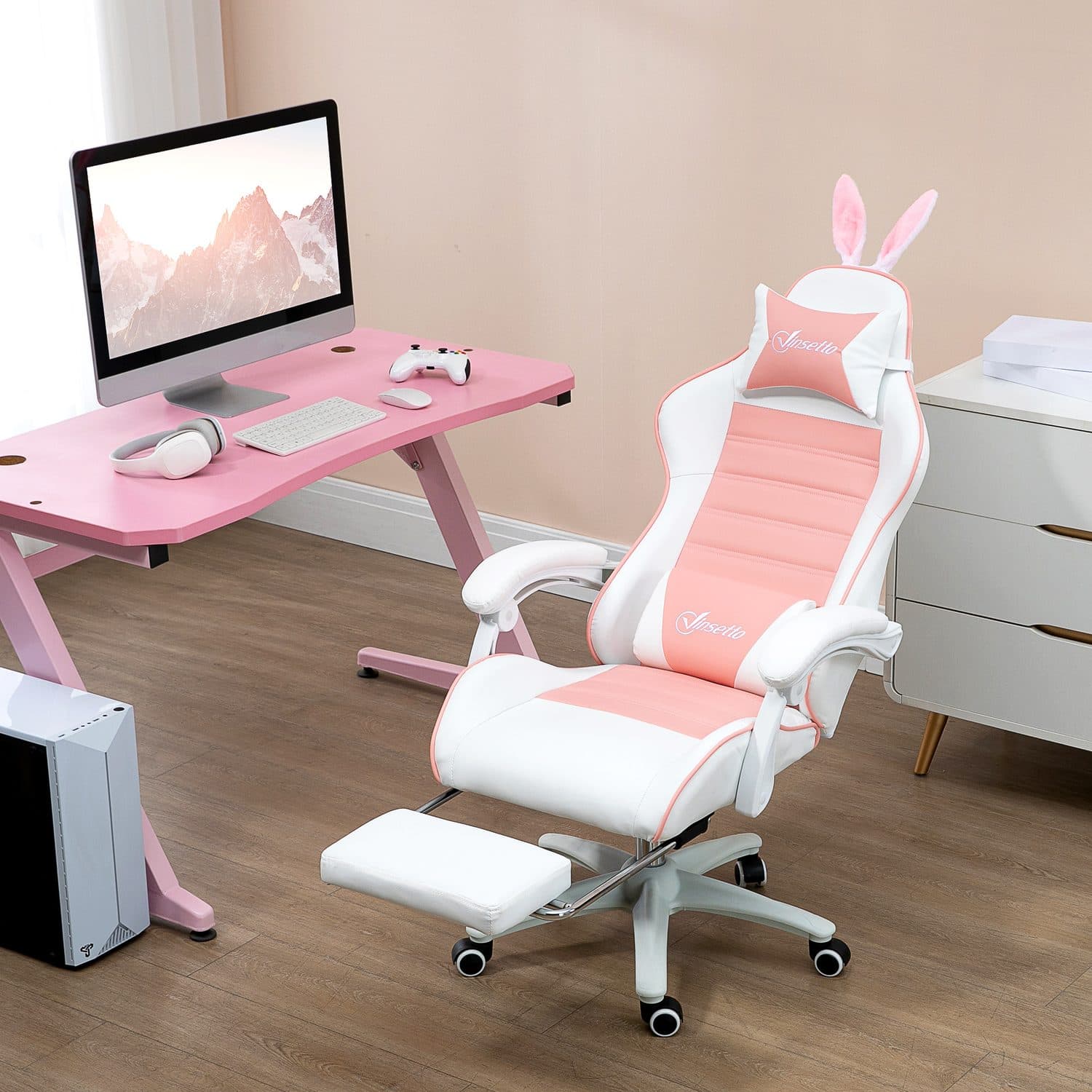 Pink Reclining Gaming Chair with Playful Bunny Ears - image 4
