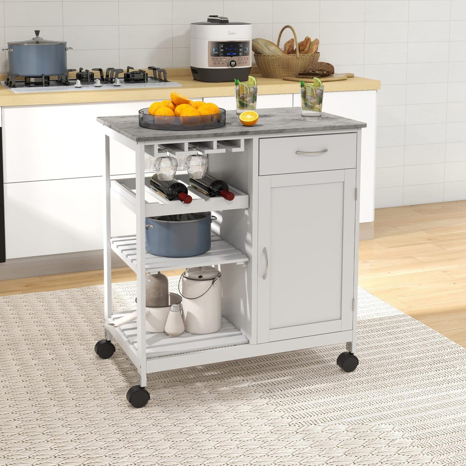 White Kitchen Trolley on Wheels with Wine Rack, Drawer and Cabinet - image 2