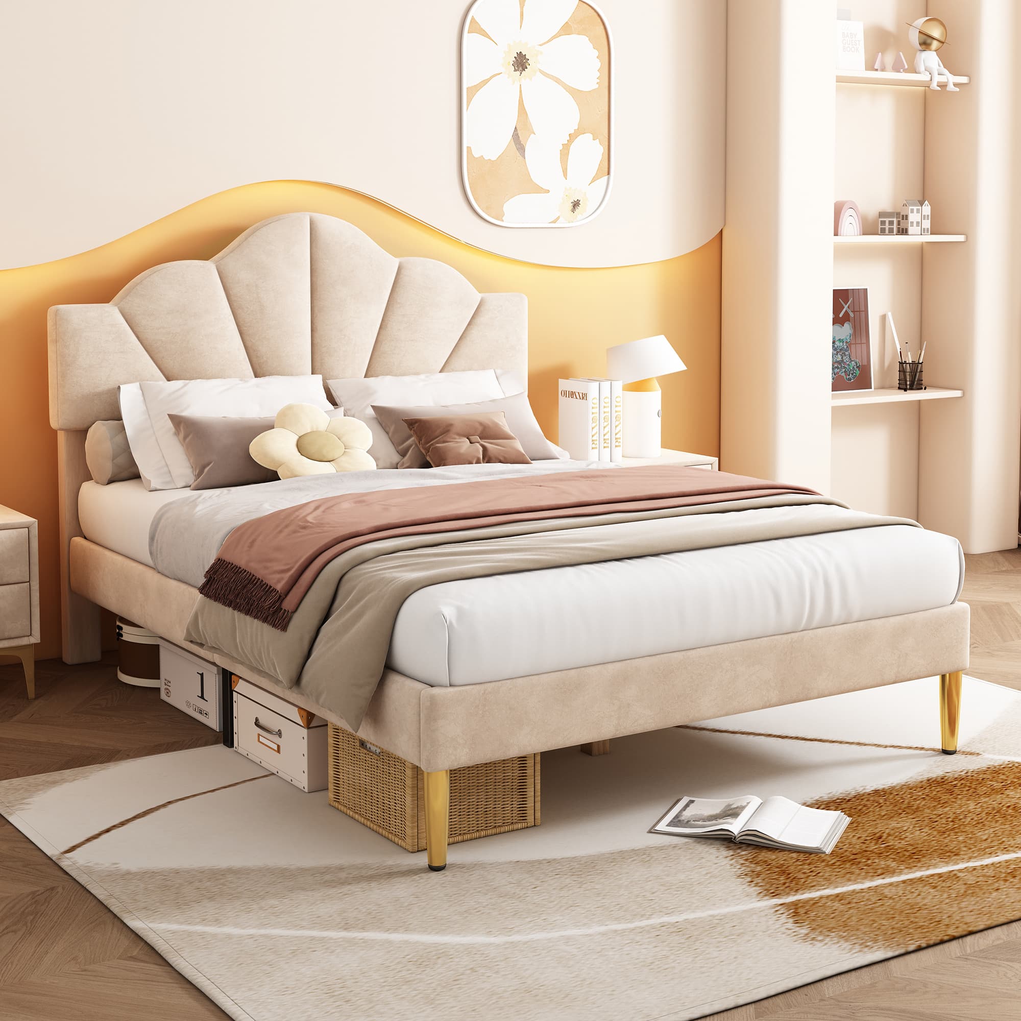 Velvet Upholstered Double Bed with Shell Headboard in Beige (4ft6) - Beige
