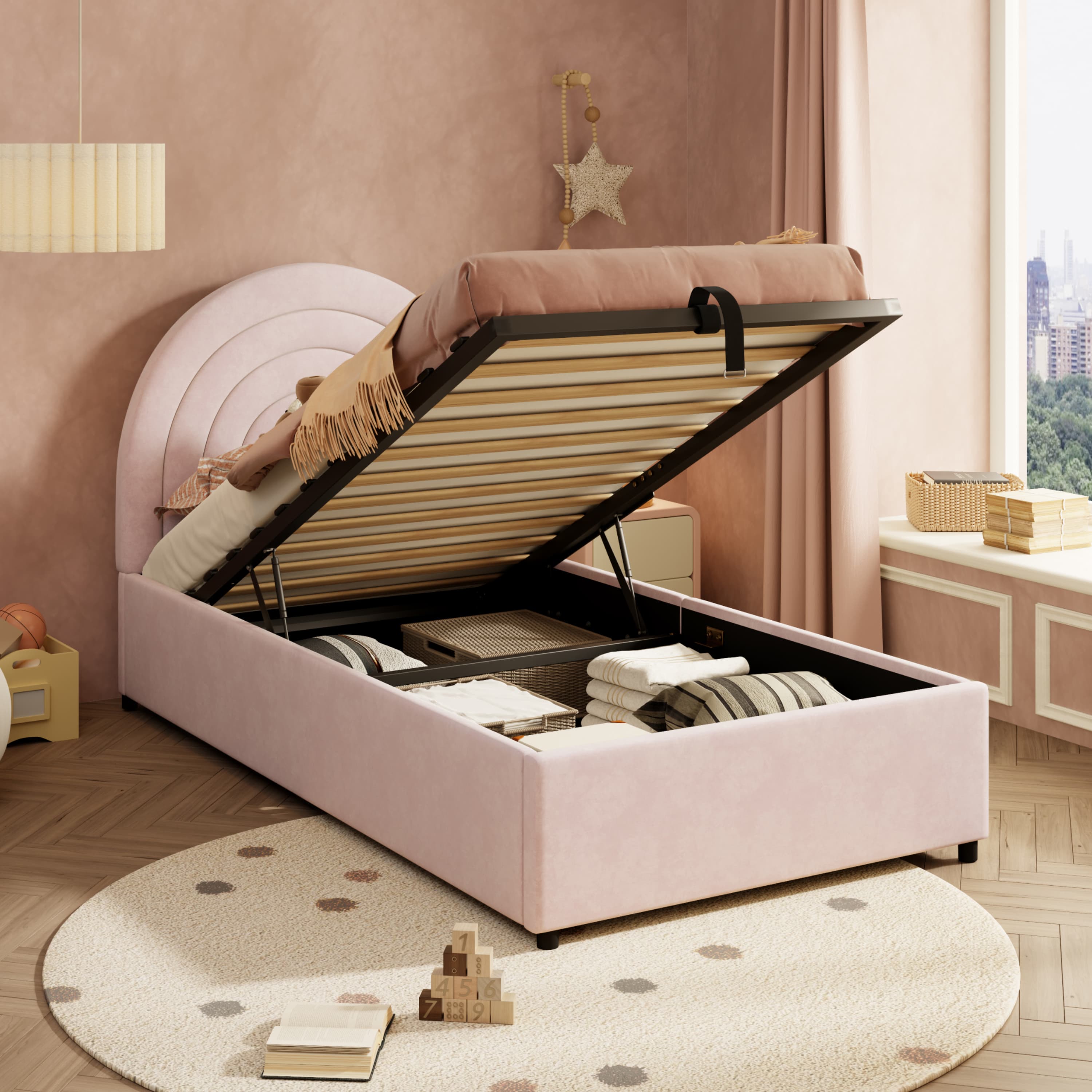 Pink Velvet Single Ottoman Bed