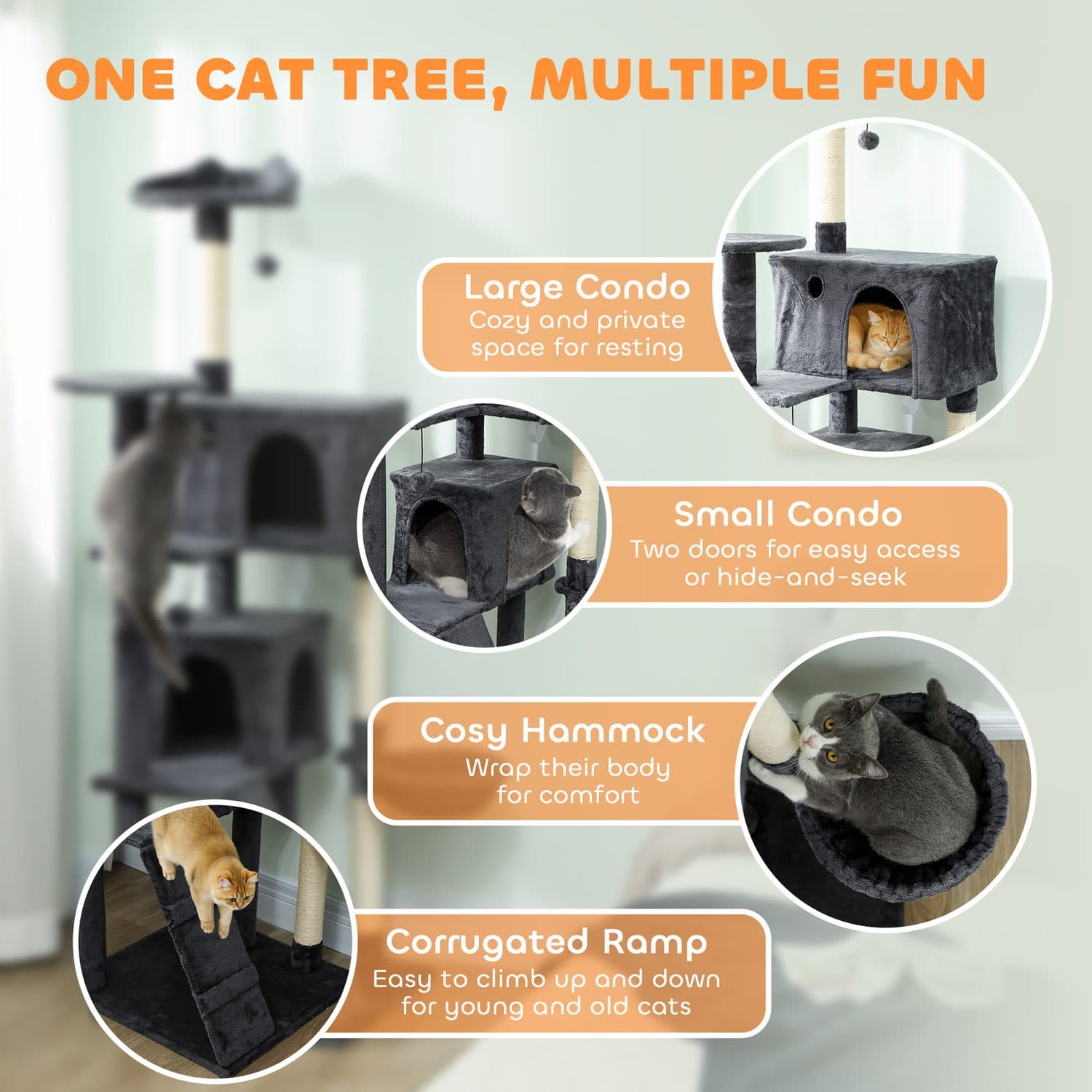 Large Cat Tree with Scratching Posts, Two Condos and Hammock - image 1