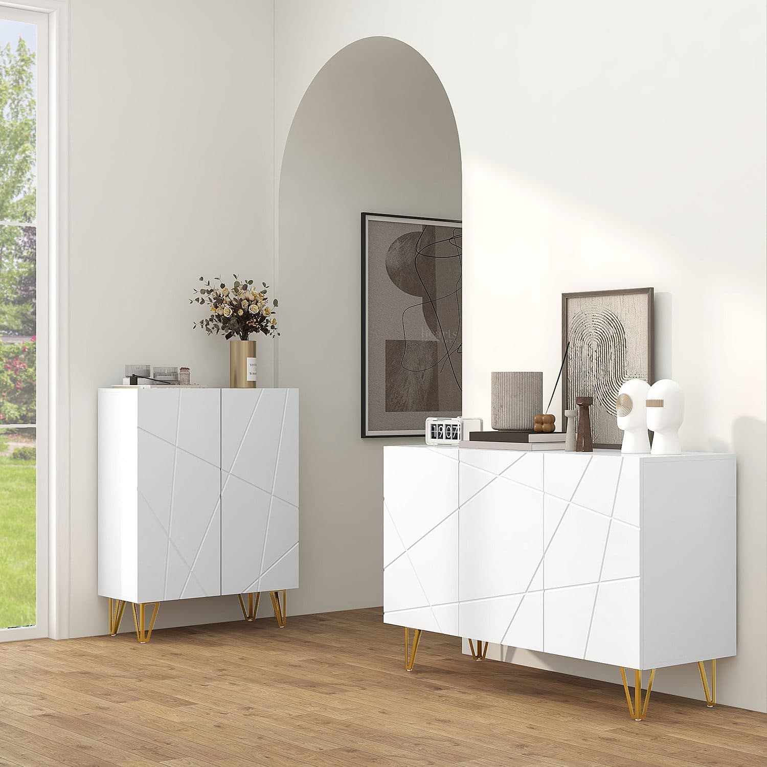 High-Gloss White Sideboard with Geometric Doors and Gold Metal Legs - image 1
