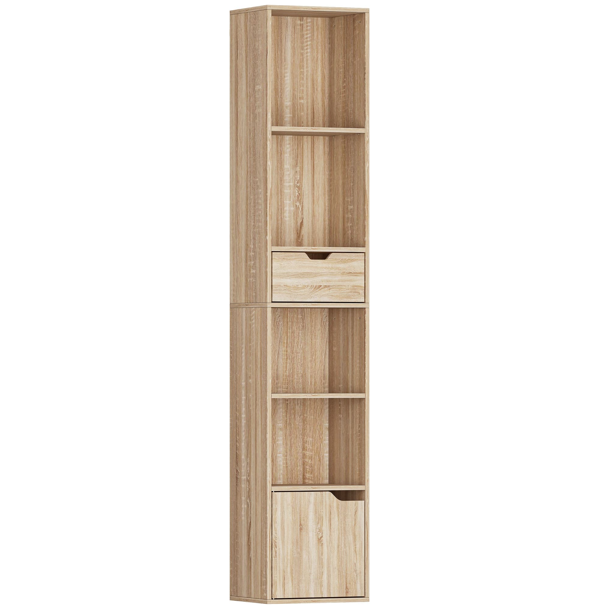 Tall Narrow Bookcase with Open Shelves, Drawer and Door – Natural Wood - Natural wood finish