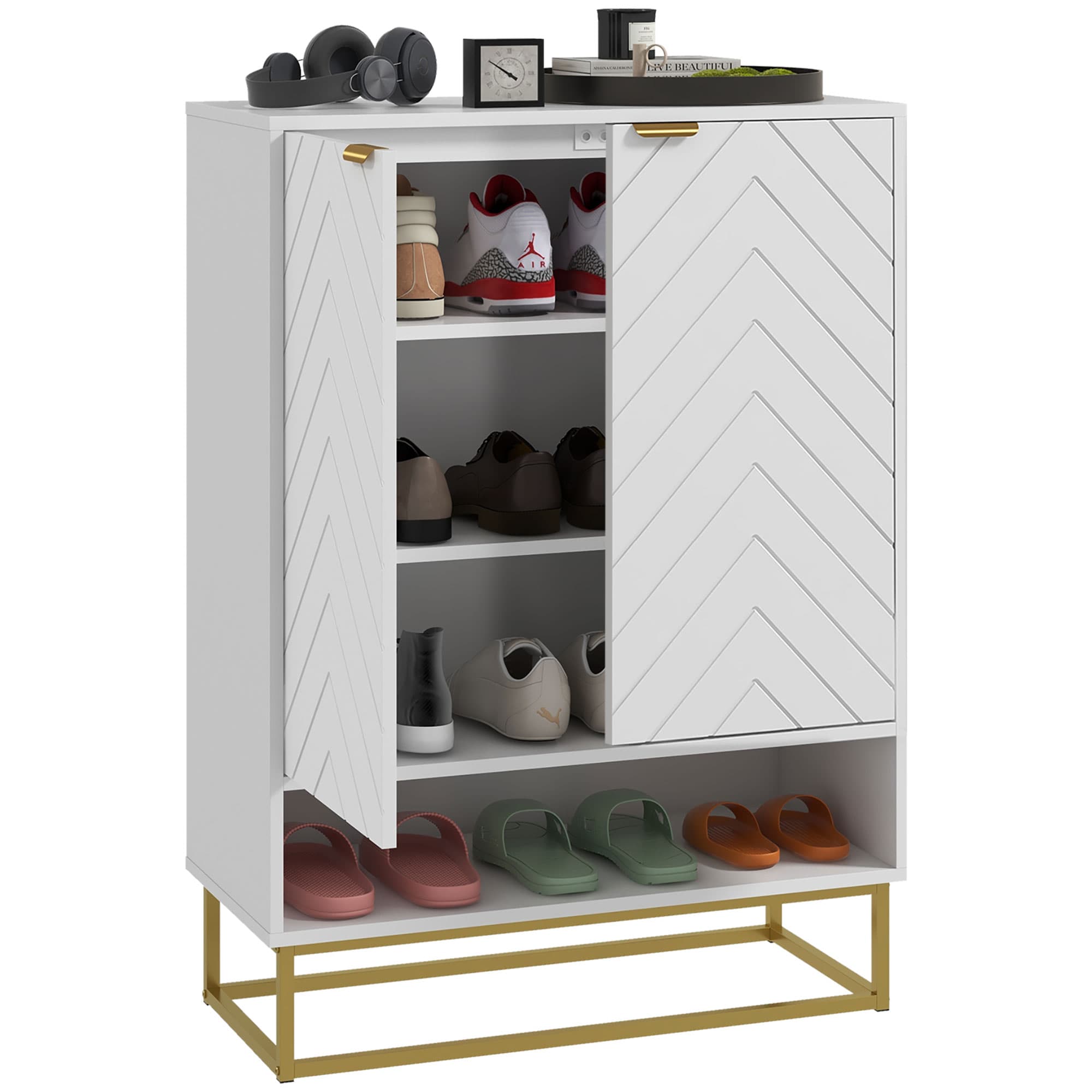 White Shoe Cabinet with Chevron Doors and Gold Base Frame