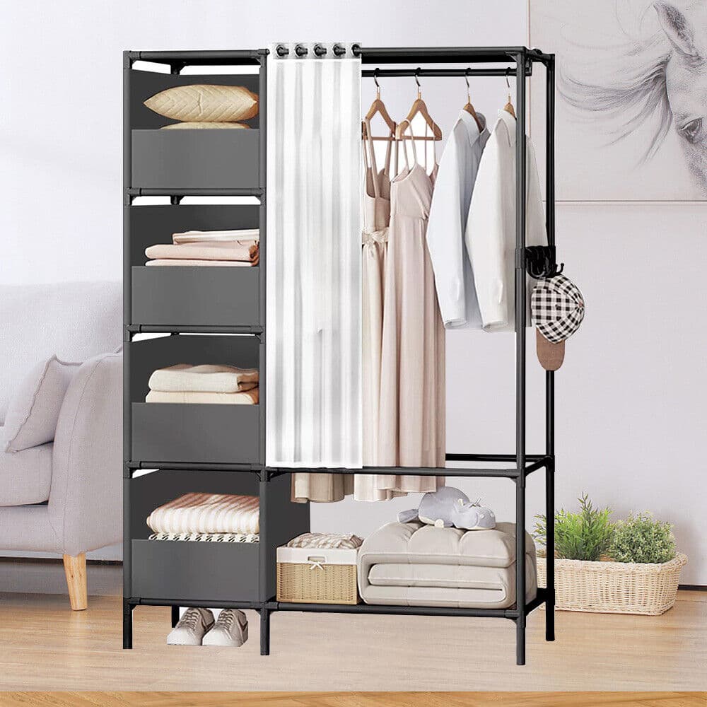 Freestanding Metal Wardrobe with Fabric Shelves and Curtain Rail - image 6