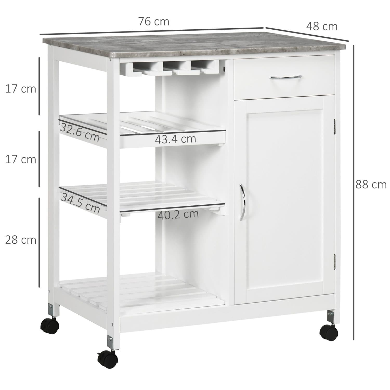 White Kitchen Trolley on Wheels with Wine Rack, Drawer and Cabinet - image 3