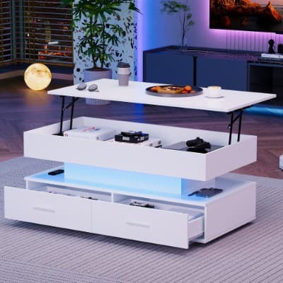White Lift-Top Coffee Table with LED Lighting and 2 Drawers
