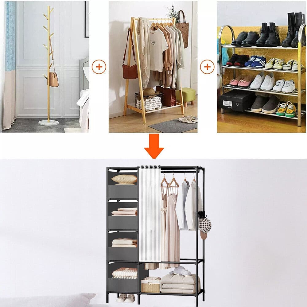 Freestanding Metal Wardrobe with Fabric Shelves and Curtain Rail - image 3