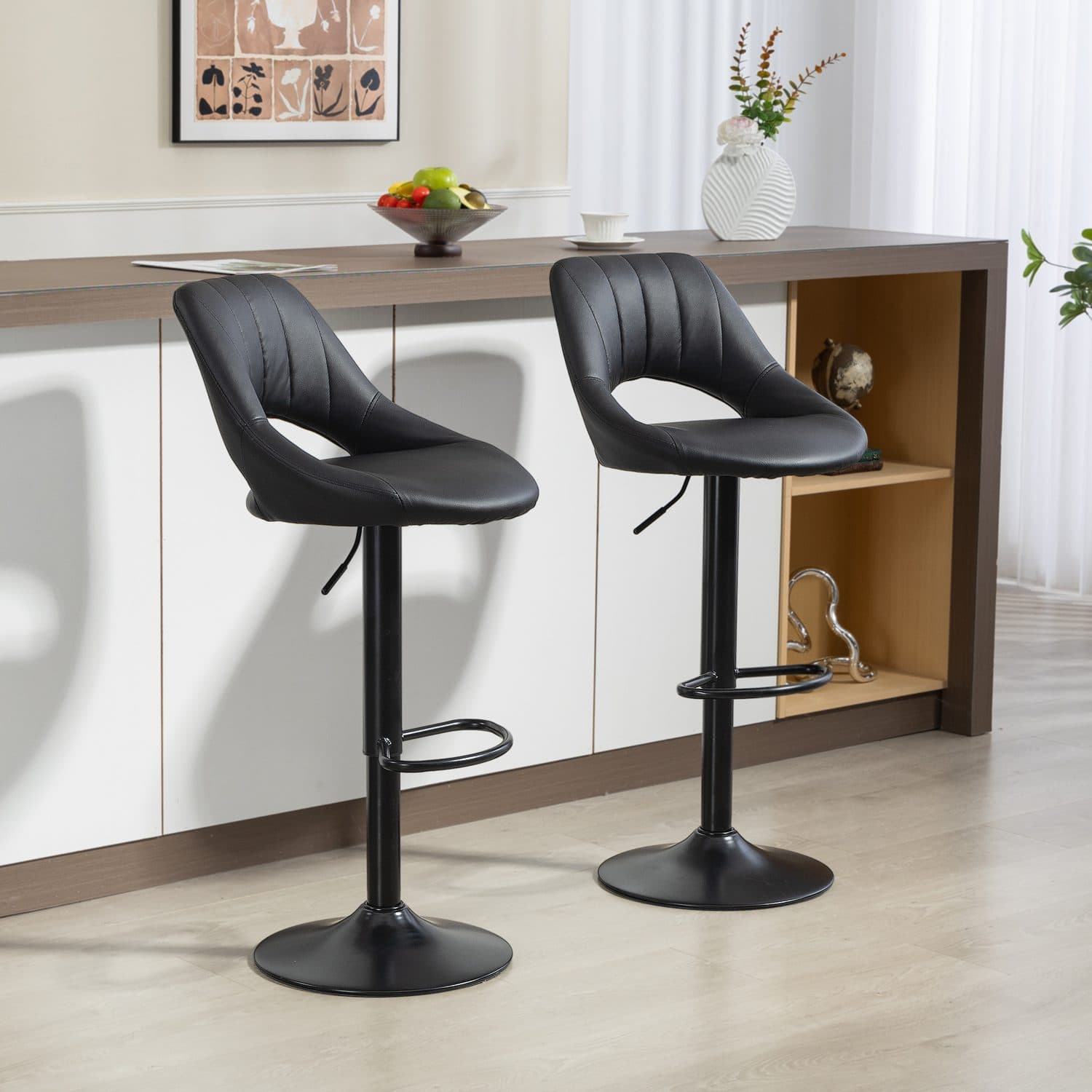 Set of Two Adjustable Black Faux Leather Swivel Bar Stools - image 2