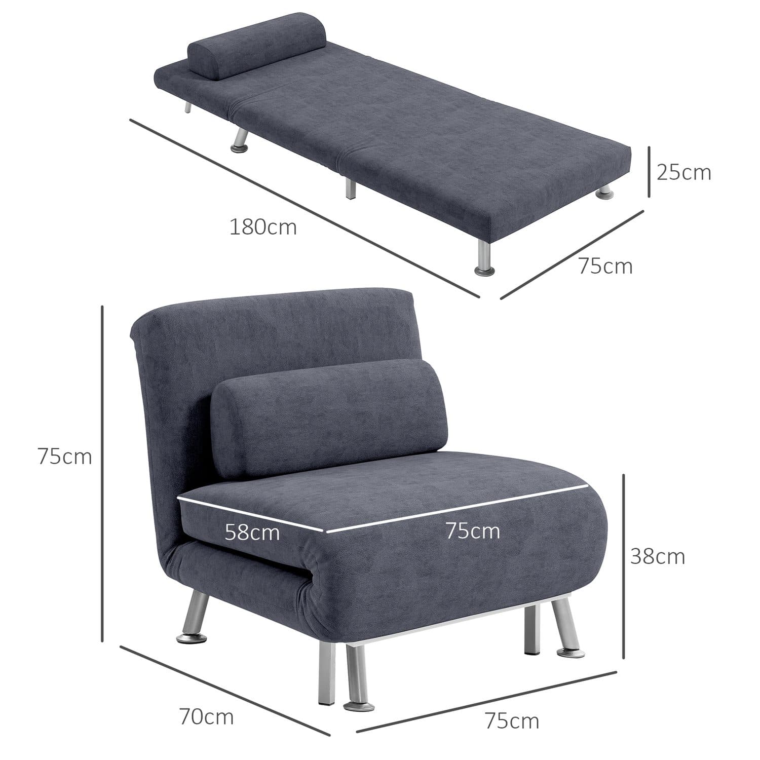 Charcoal Grey Velvet-Feel Single Sleeper Chair - image 3