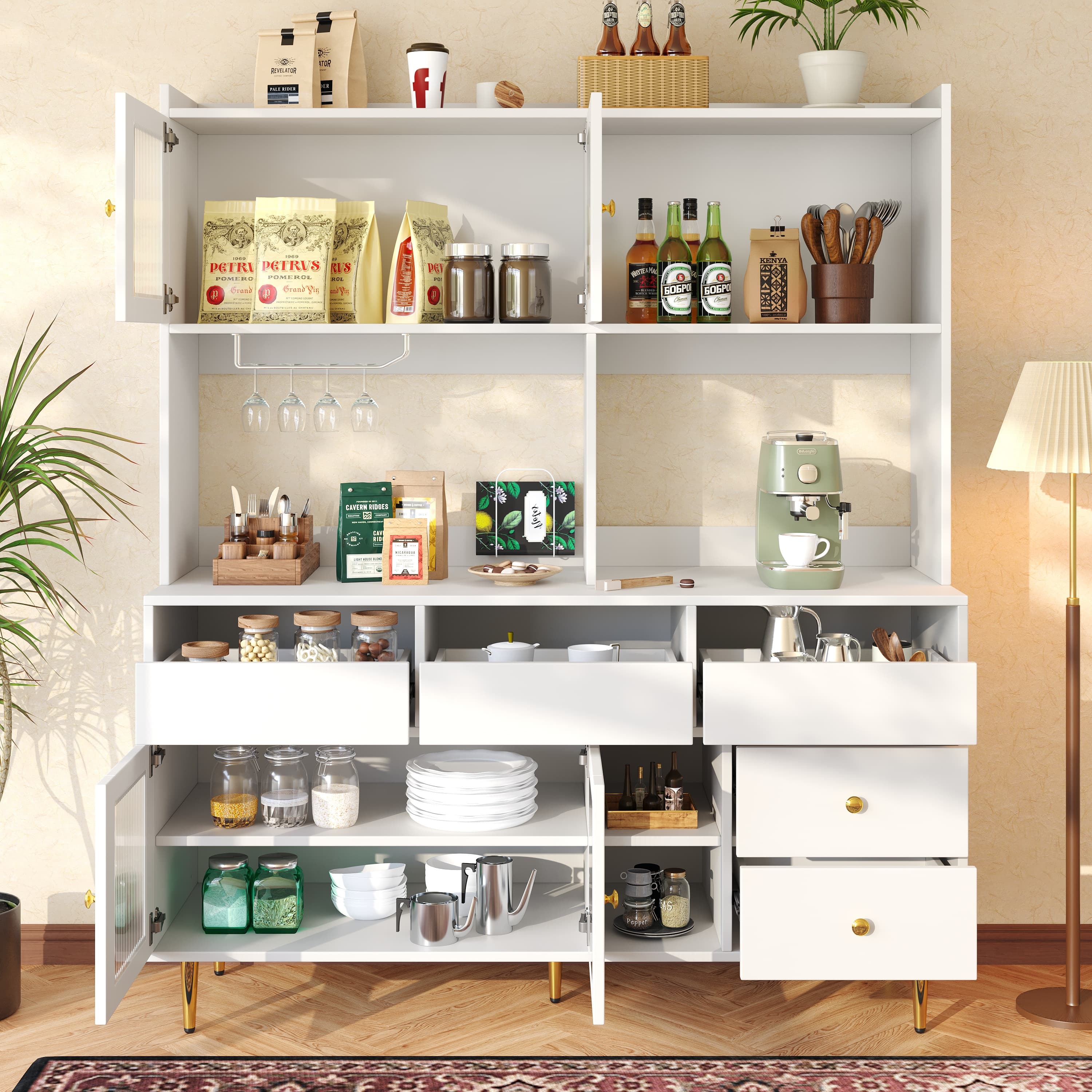 Tall White and Gold Storage Cabinet with Reeded Glass Doors - image 2