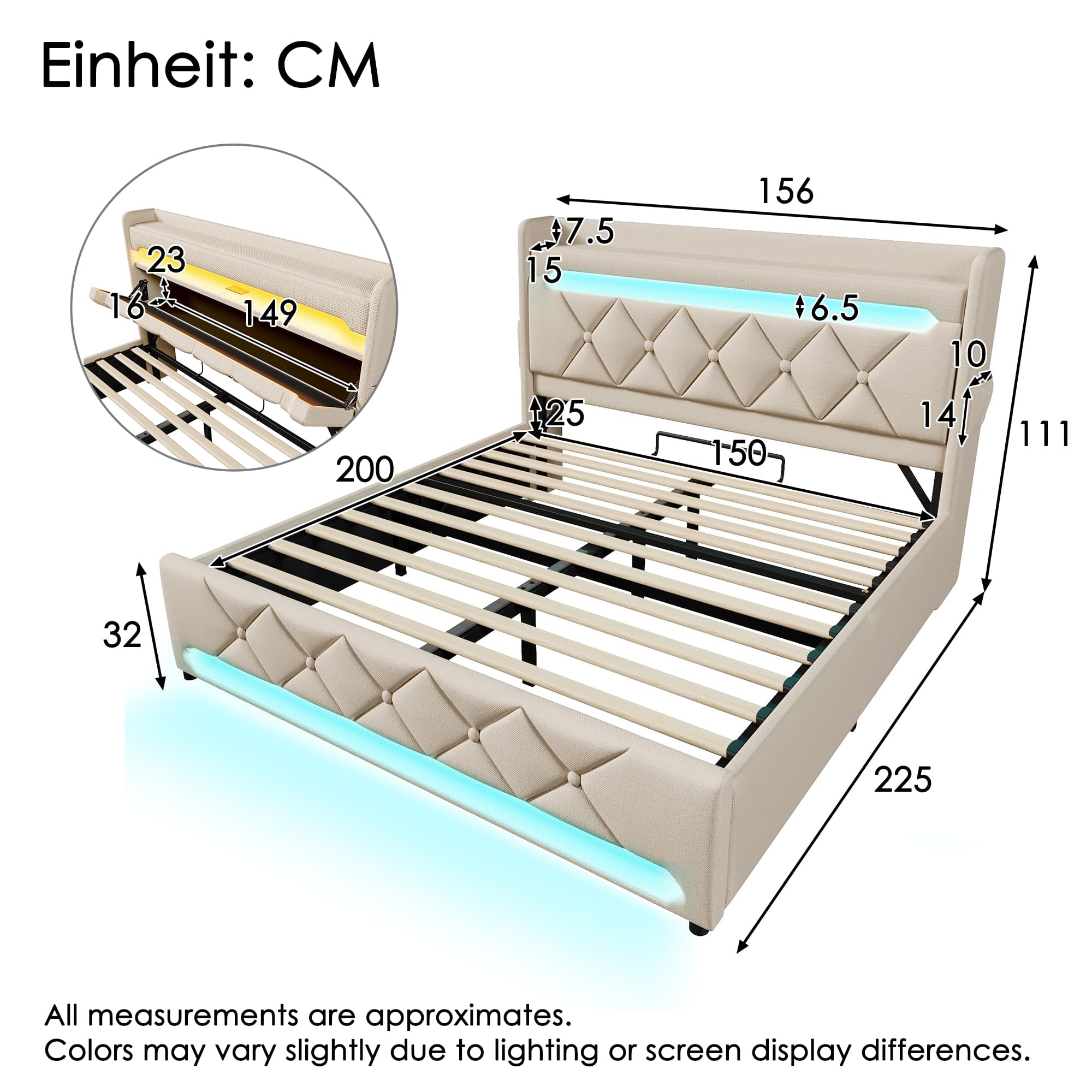 King Size Upholstered Ottoman Bed (150x200cm) with LED Lighting and USB Charging - image 2