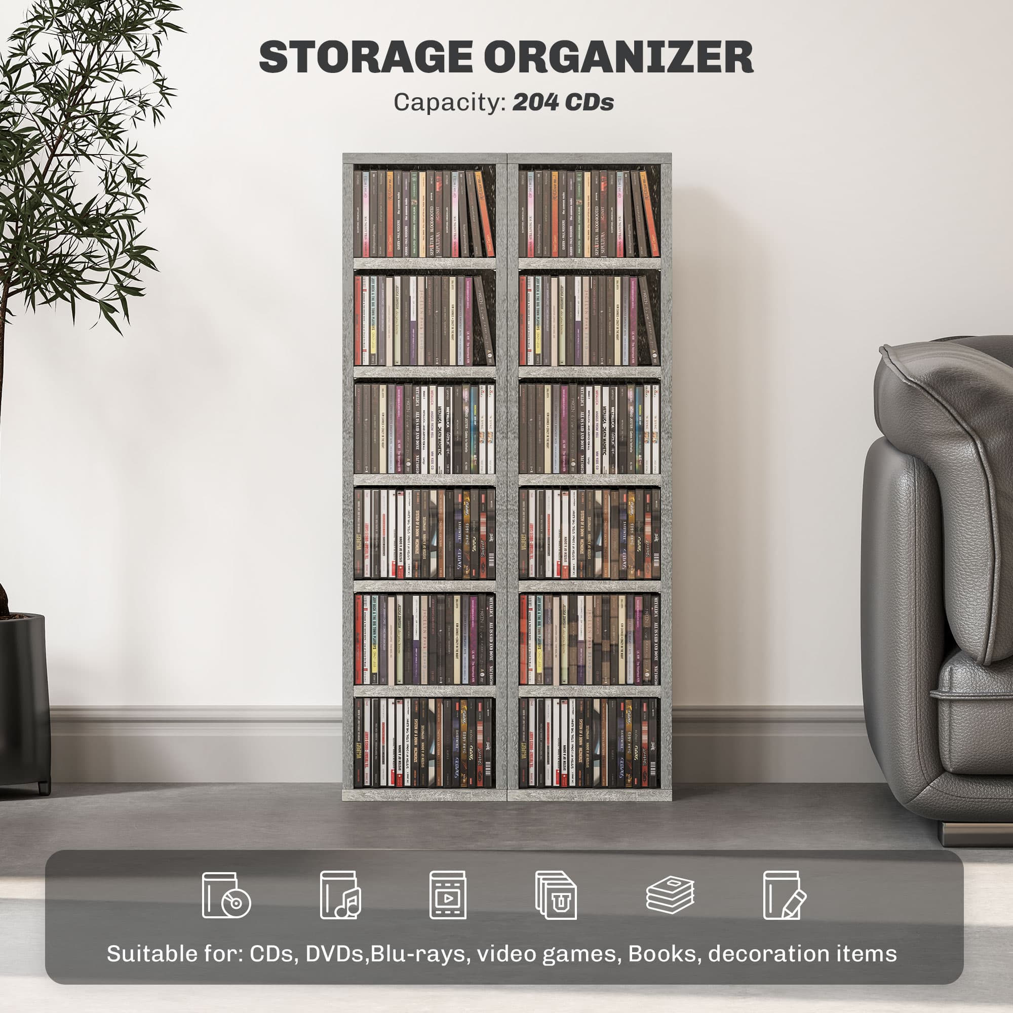Twin CD Tower Storage Units with 6 Shelves Each, Cement Grey - image 2