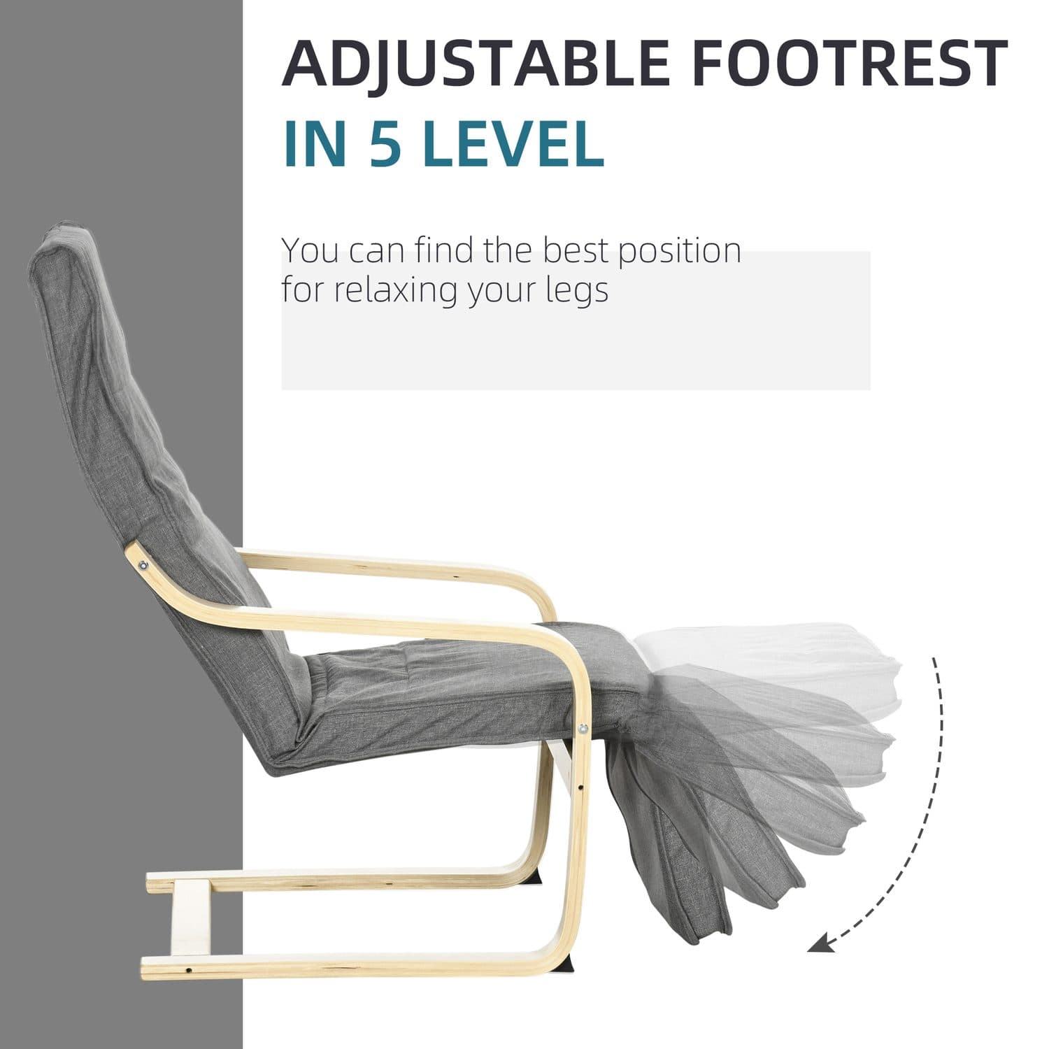 Dark Grey Birch Wood Lounge Chair & Adjustable Footrest - image 3
