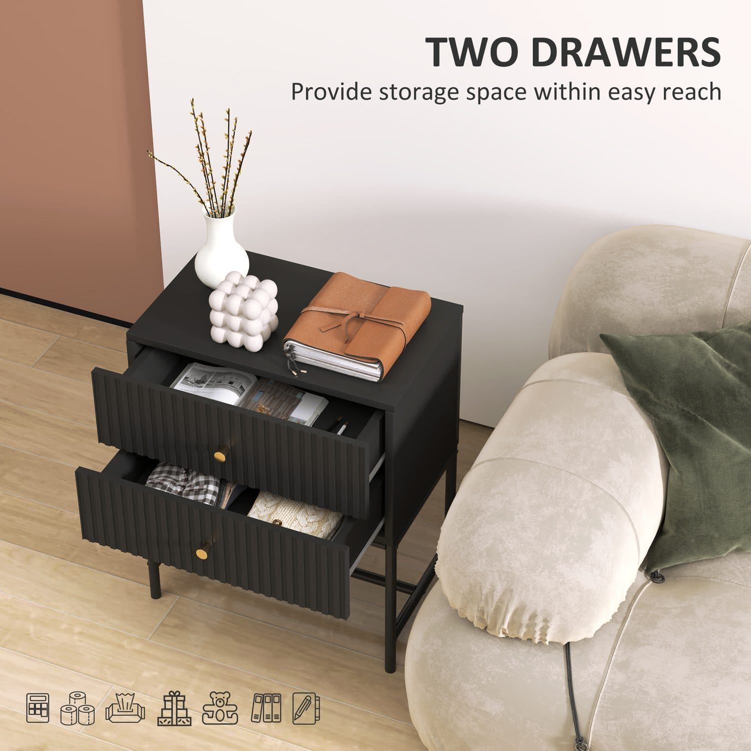 Black Two-Drawer Bedside Table with Gold Accents - image 1