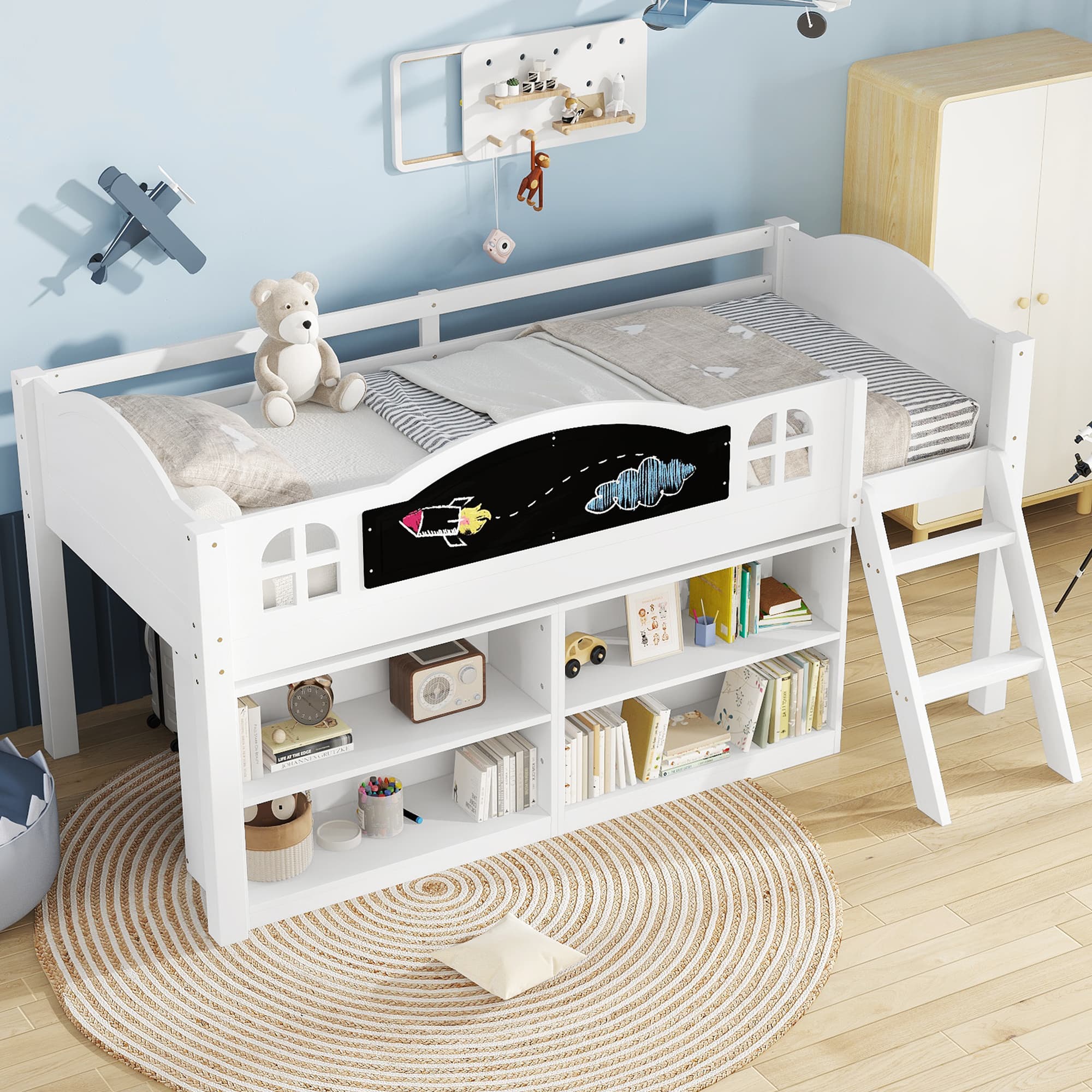 Wooden Mid Sleeper Bed with Blackboard, Storage and Steps - image 1