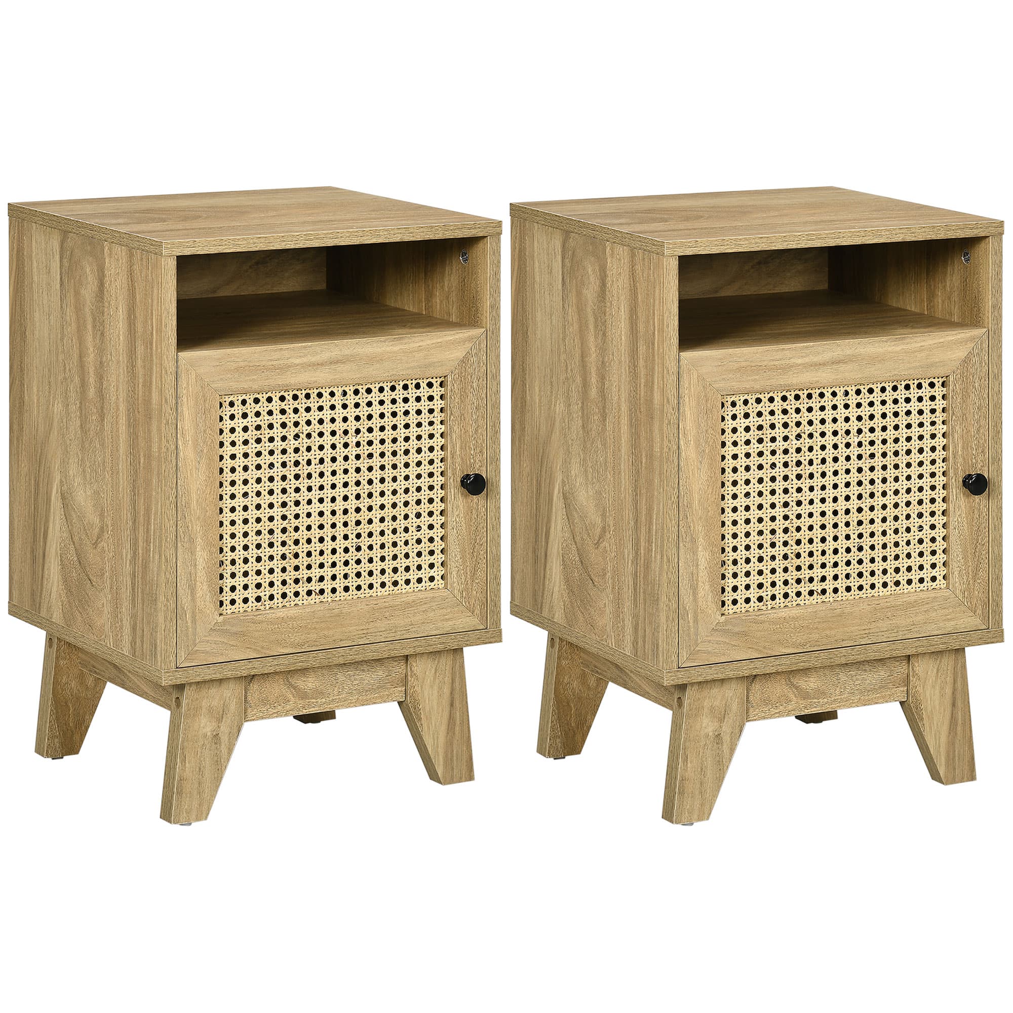 Pair of Rattan-Panel Bedside Tables with Open Shelf