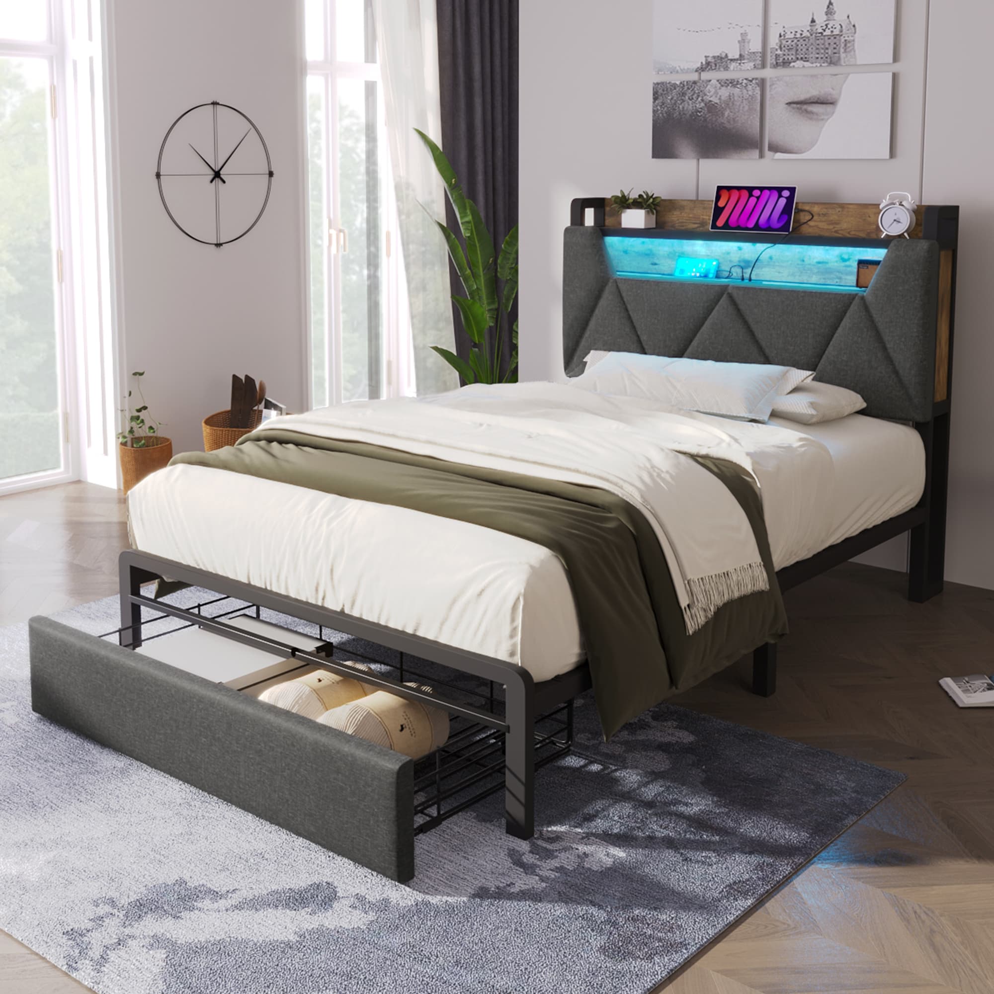 Single Bed with LED Headboard, USB Charging & Storage Drawers – Grey