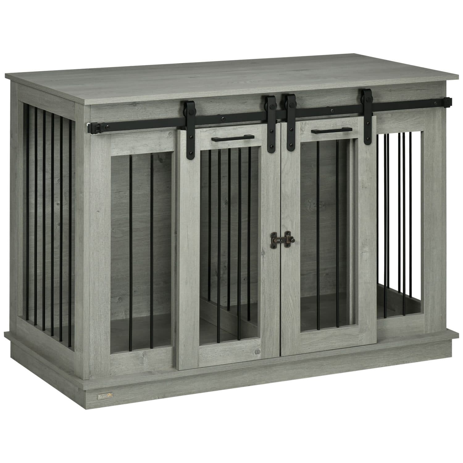 Double Dog Crate Furniture in Farmhouse Barn-Door Style, Grey