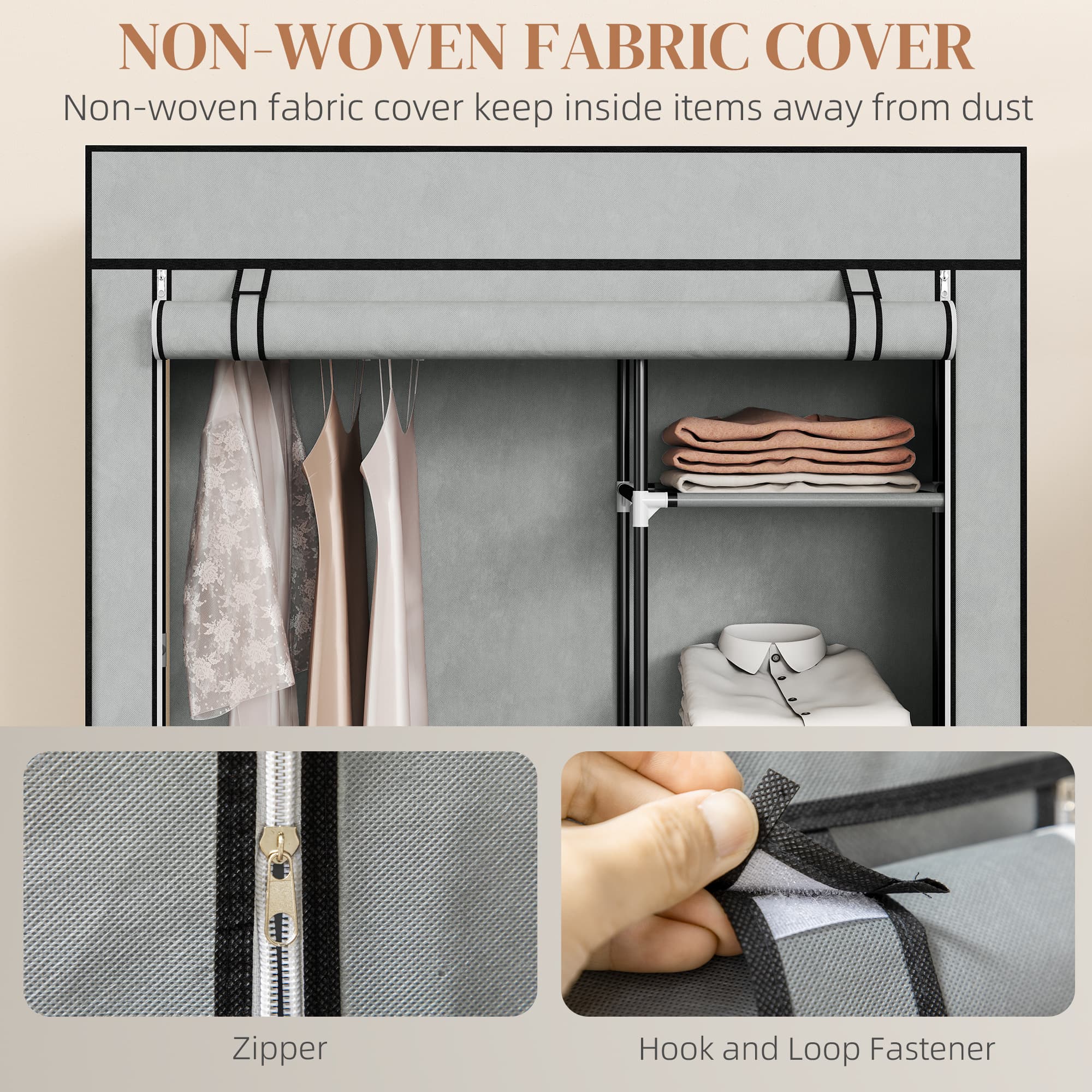 Light Grey Fabric Wardrobe with Rail and Six Shelves - image 2