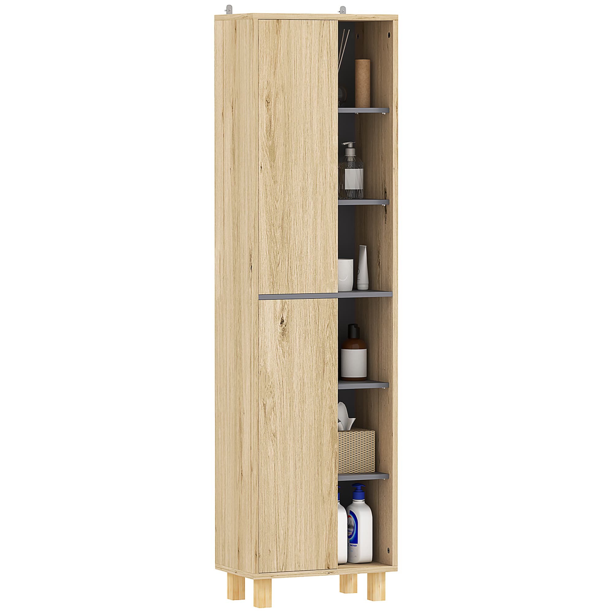 Tall Slim Bathroom Storage Cabinet with Open Shelves and Doors