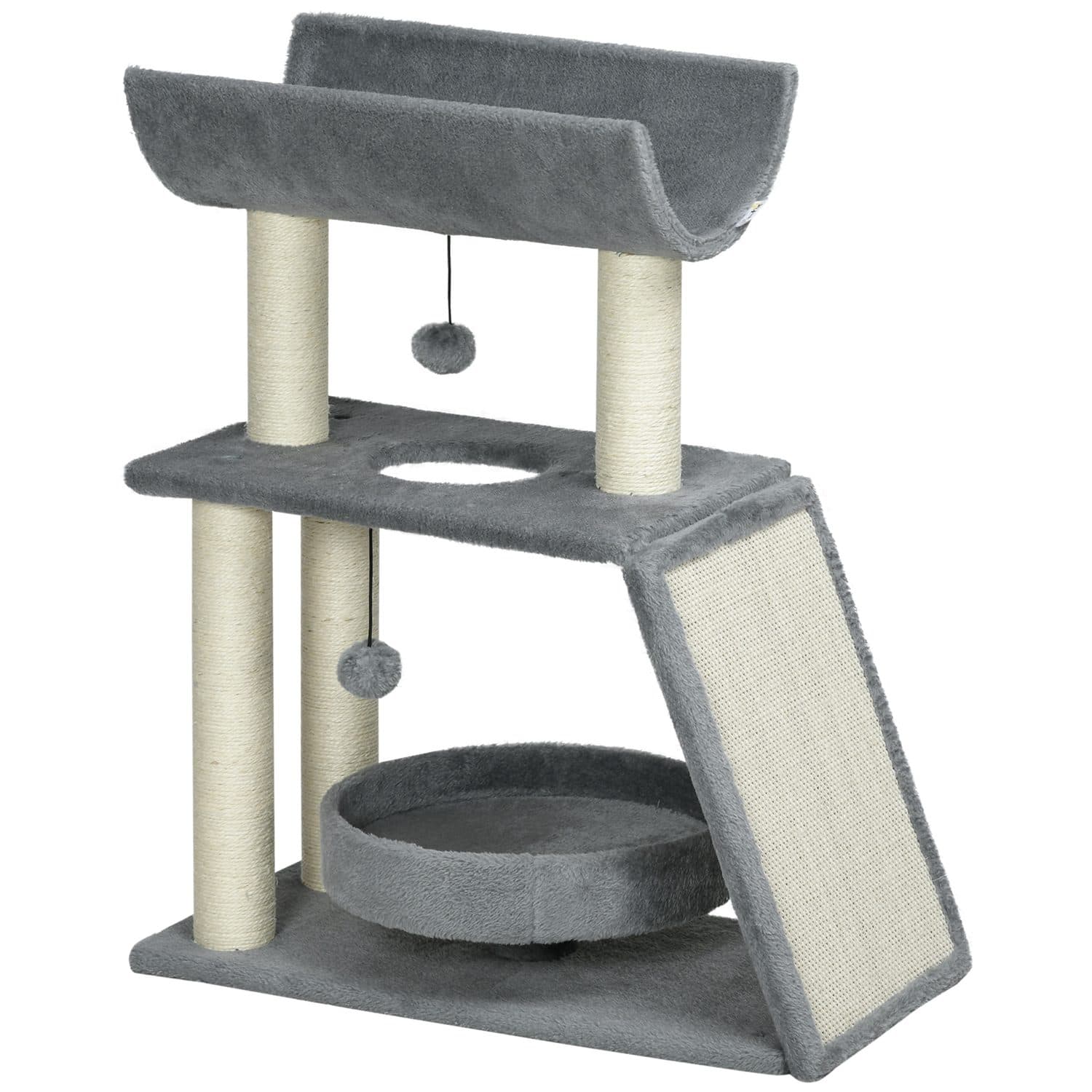 Light Grey Cat Tree with Sisal Scratching Posts, Top Perch and Round Bed