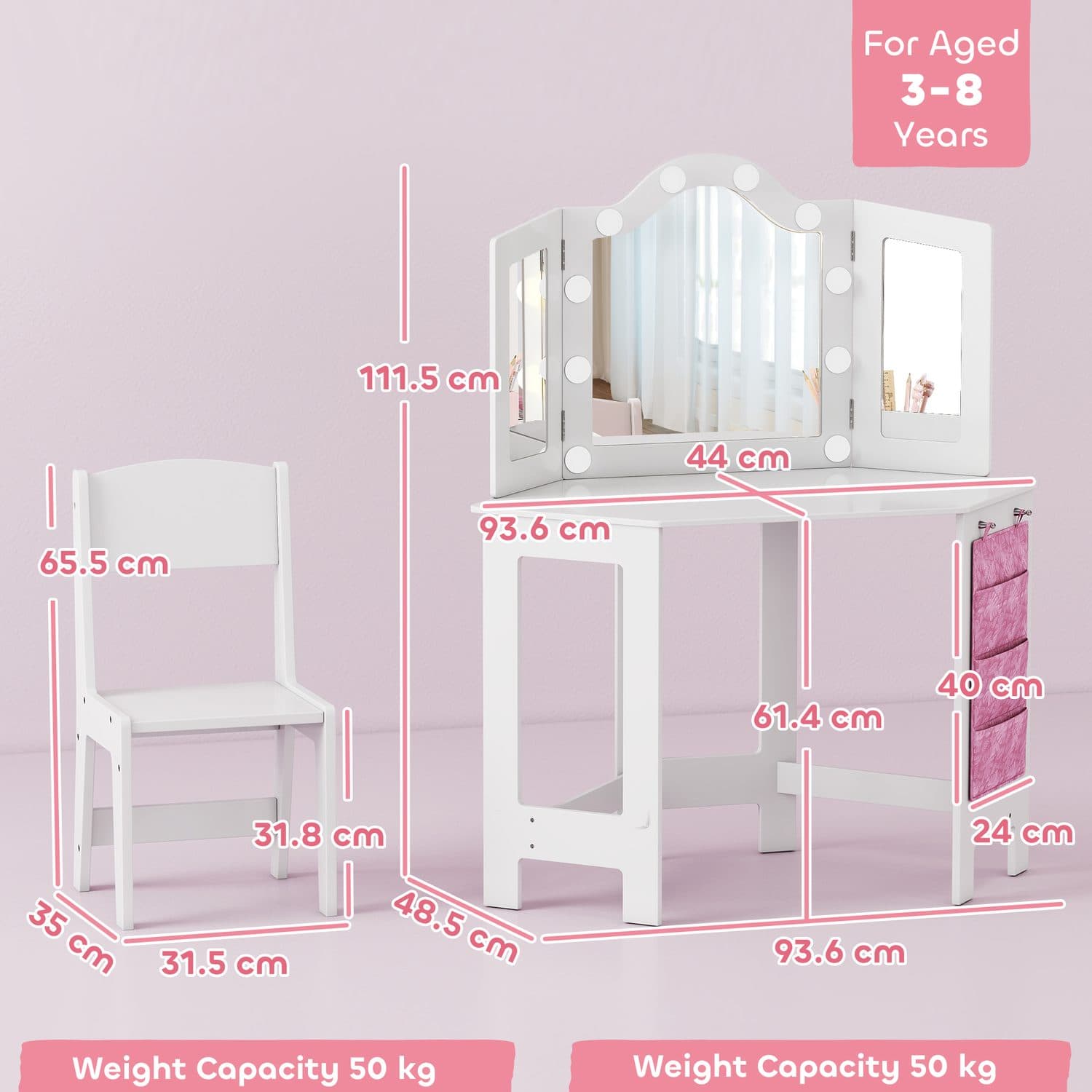 White Kids Vanity Table Set With LED Bulbs and Tri-Fold Mirror - image 4