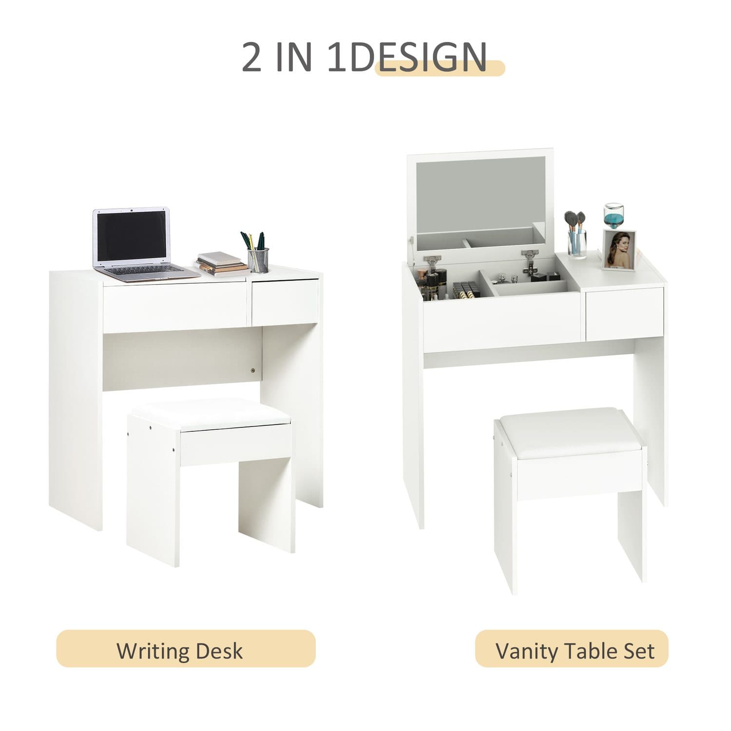 White Vanity Table Set with Concealed Flip-Up Mirror - image 4