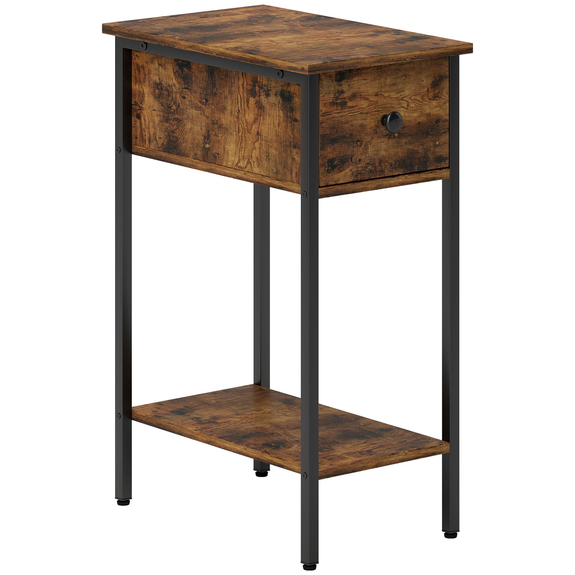 Slim Industrial Side Table with Drawer and Open Storage Shelf - Rustic Brown