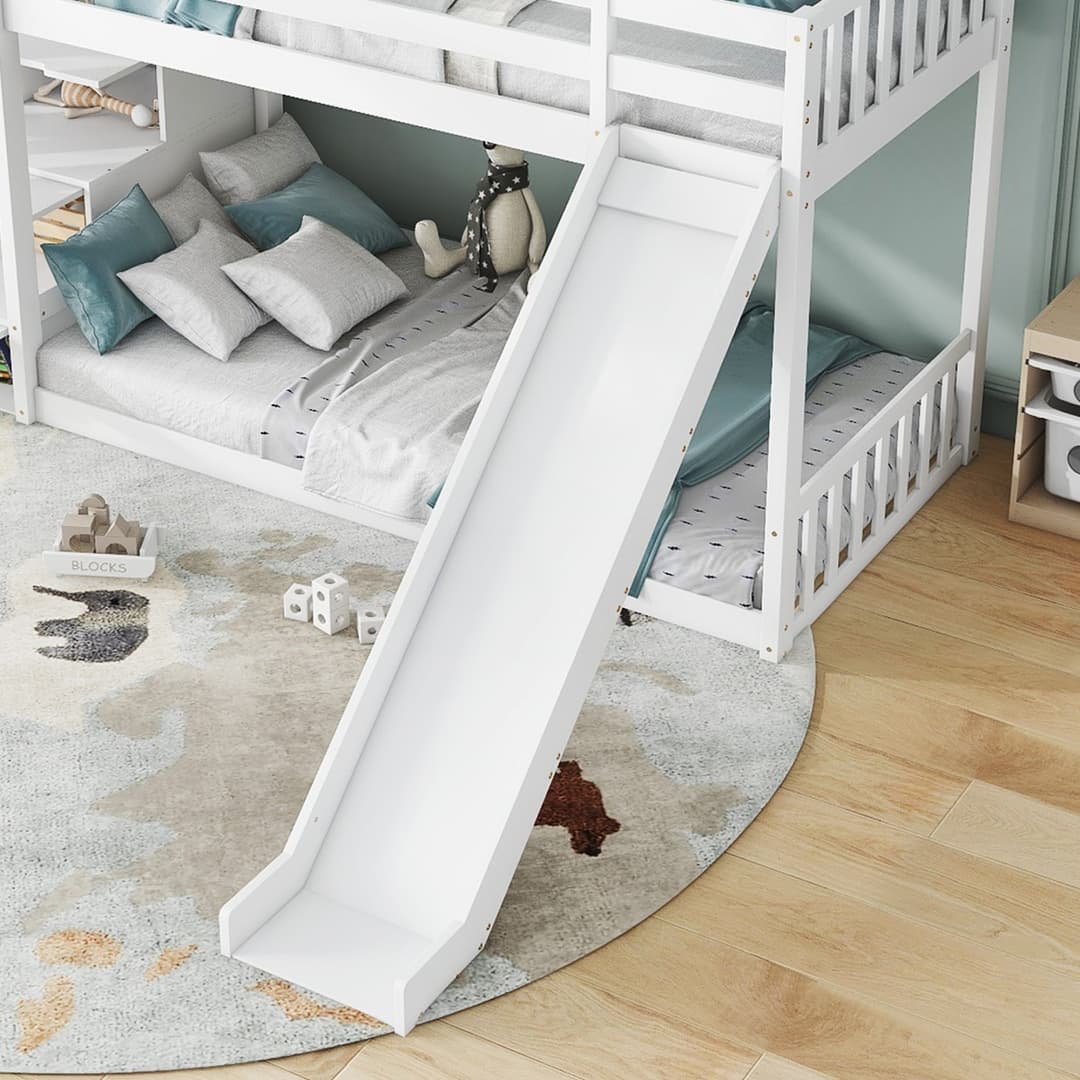 Solid Pine Bunk Bed with Slide and Storage Staircase, White Finish - image 9